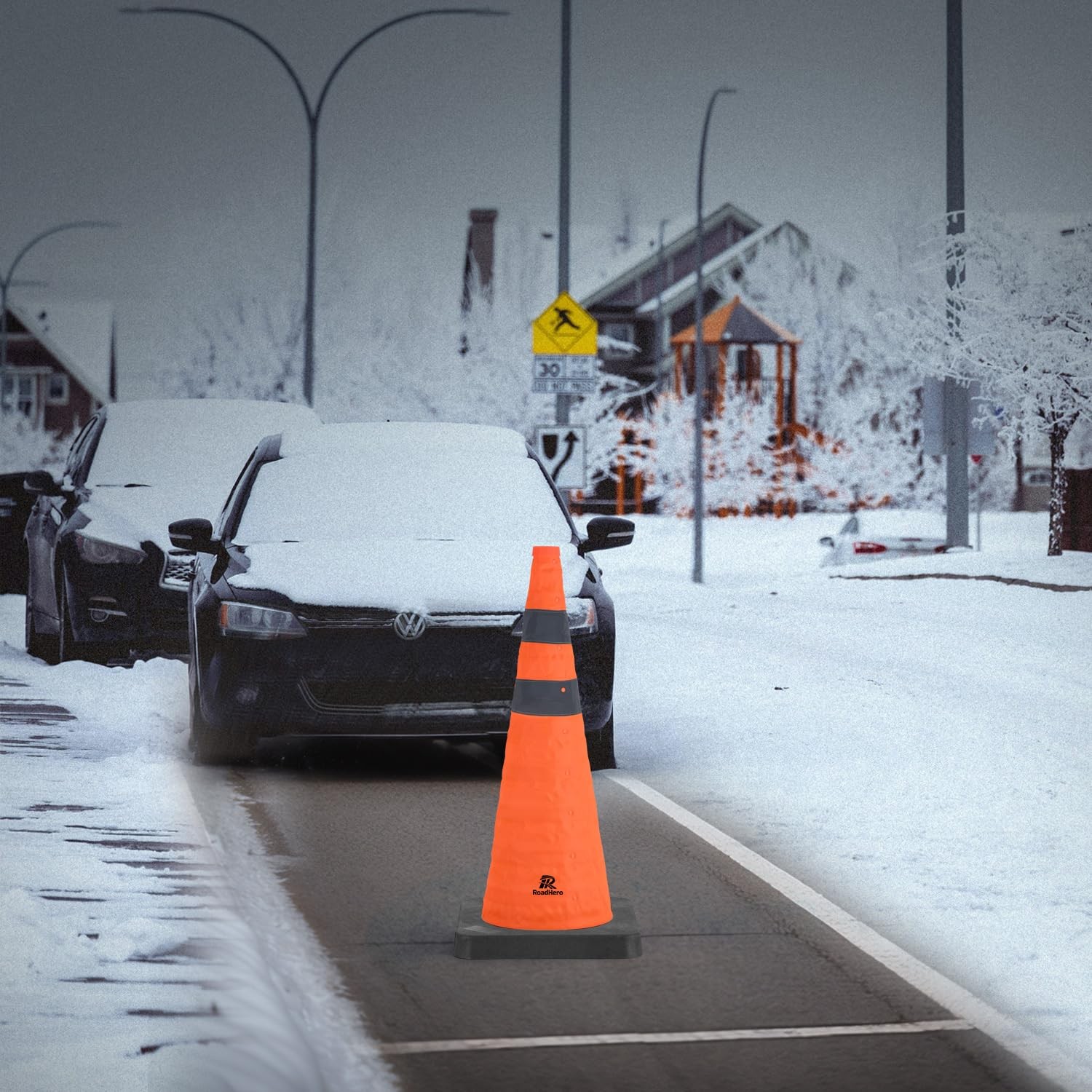 28 Inch Collapsible Traffic Safety Cones with Black Weighted Base, Constructi…