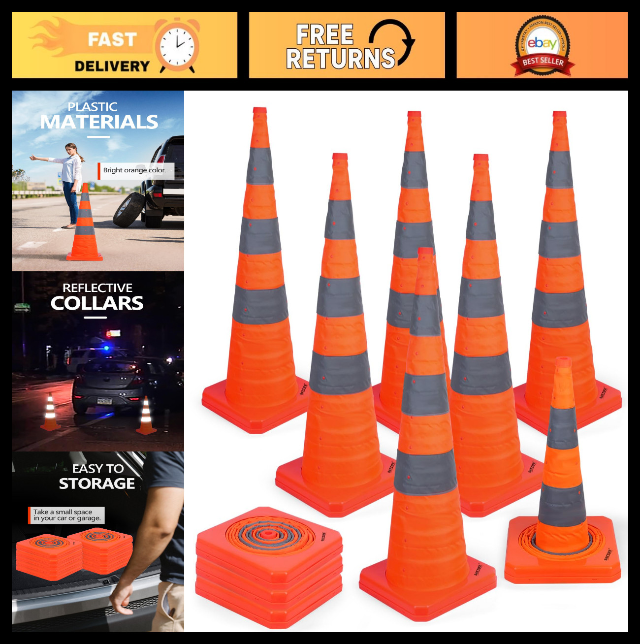 10 Pack 36″ Collapsible Traffic Safety Cones – Reflective Orange Pop-up Cones fo