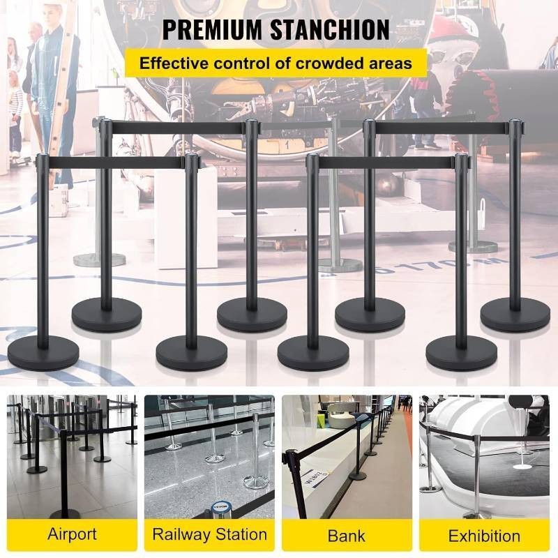 VEVOR Crowd Control Stanchion Set 6‑Pack – 6.6 ft Black Retractable Belt, 35.4″