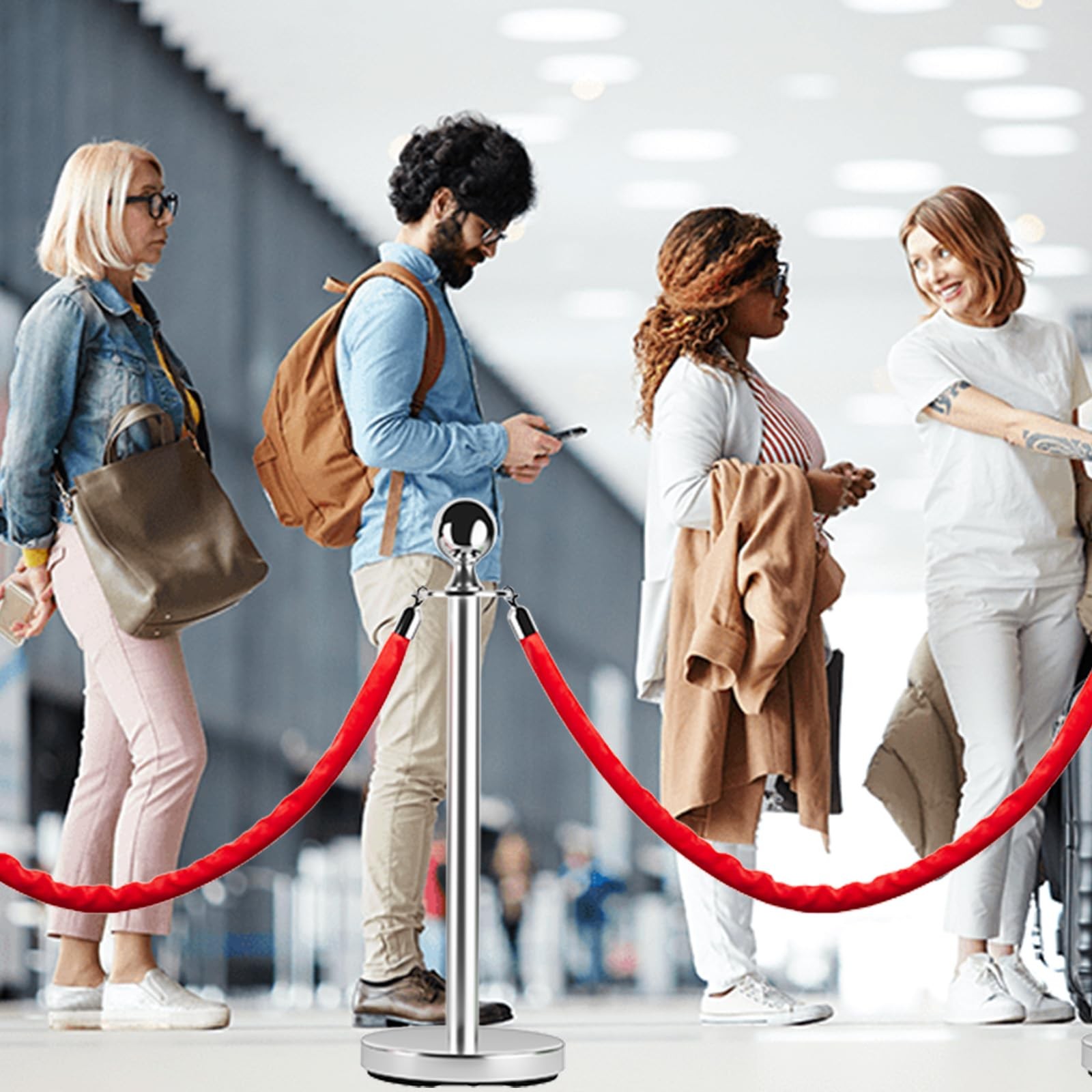 8 PCS Stainless Steel Stanchion Post Queue 5 ft Red Carpet Ropes and Pole Crowd