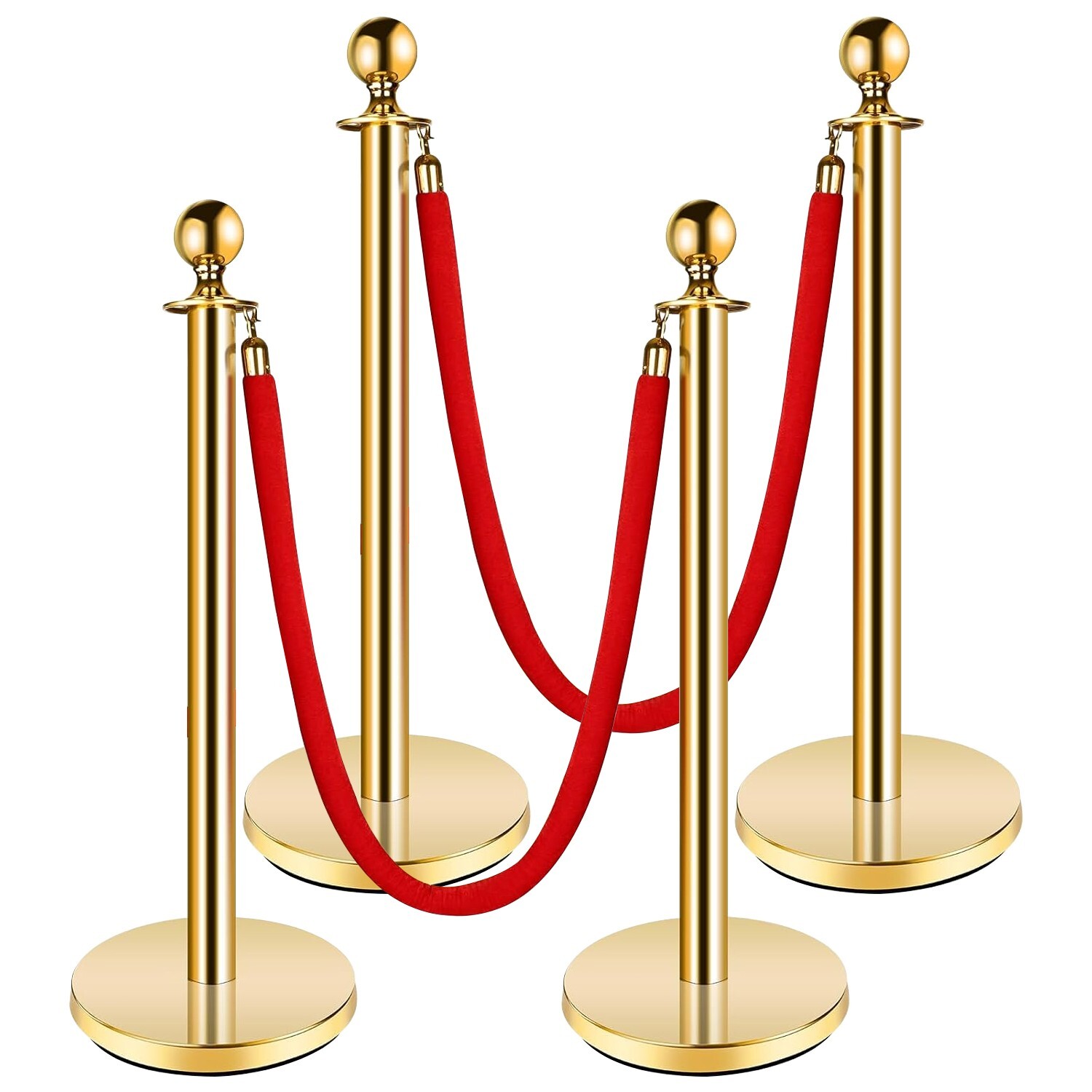 4PCS Golden Crowd Control Barrier Stanchion Posts Queue Pole W/2X Velvet Ropes