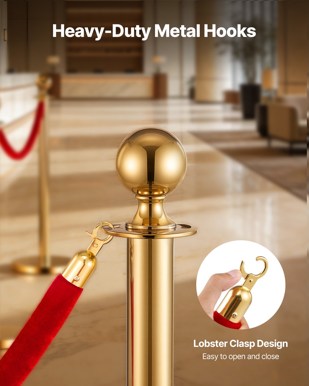VEVOR 4 Pcs Red Velvet Stanchion Ropes 5 ft Stanchion Post Ropes with Gold Hooks