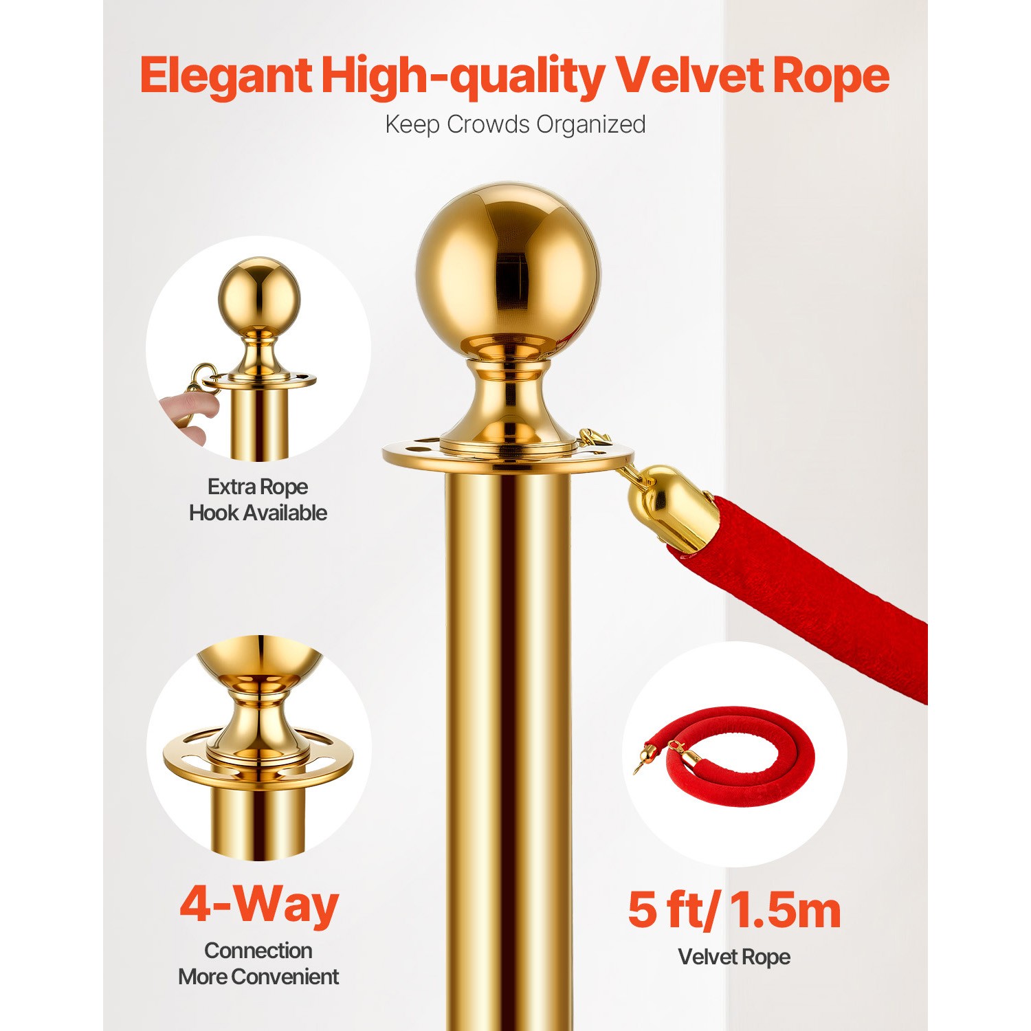 Uimoso 4 Pcs Gold Stanchion Post 2 Red Velvet Ropes Sand Injection Hollow Base