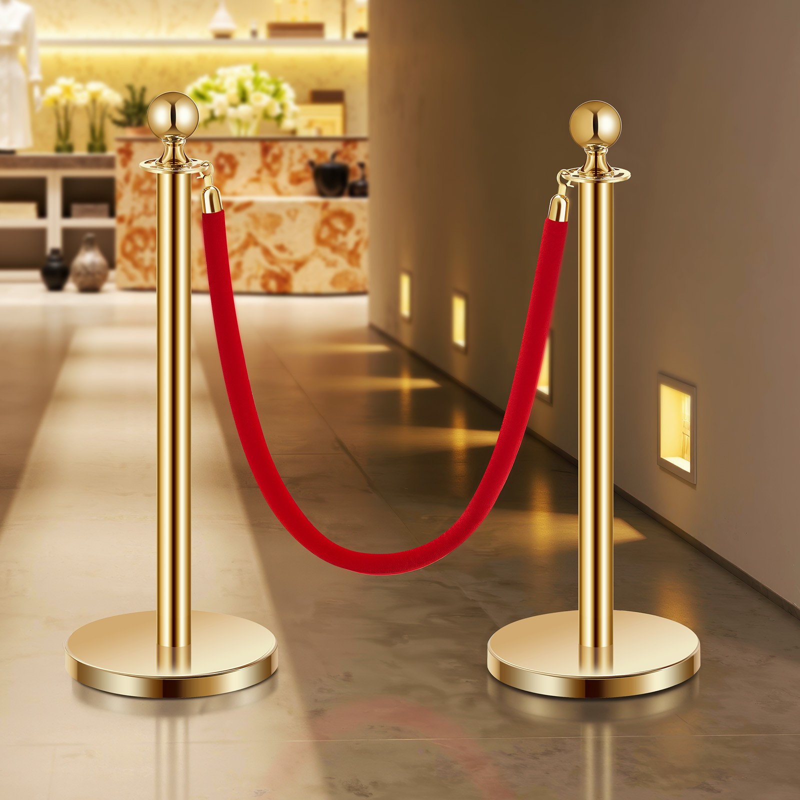 Uimoso 4 Pcs Gold Stanchion Post 2 Red Velvet Ropes Sand Injection Hollow Base