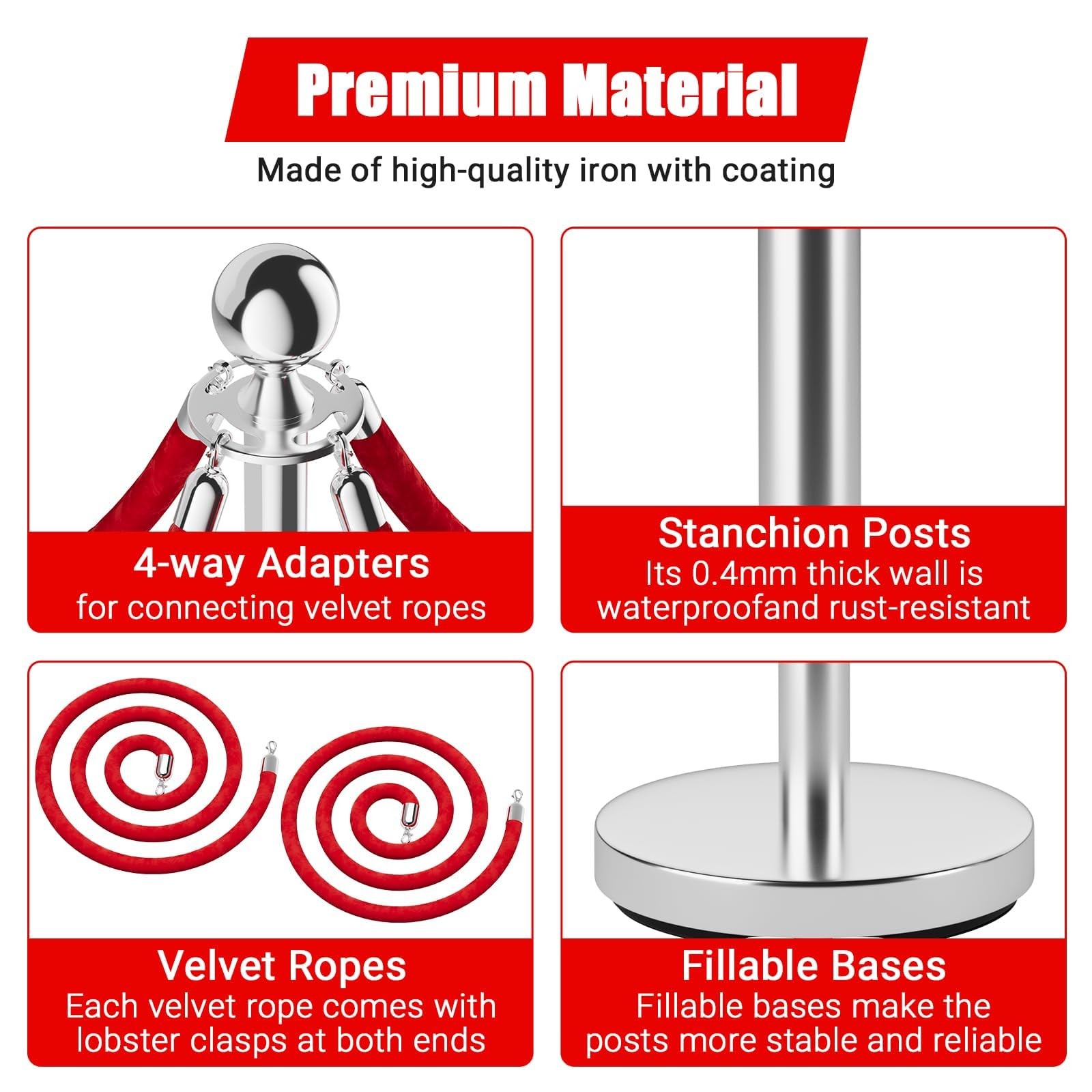 8 PCS Stainless Steel Stanchion Post Queue 5 ft Red Carpet Ropes and Pole Crowd