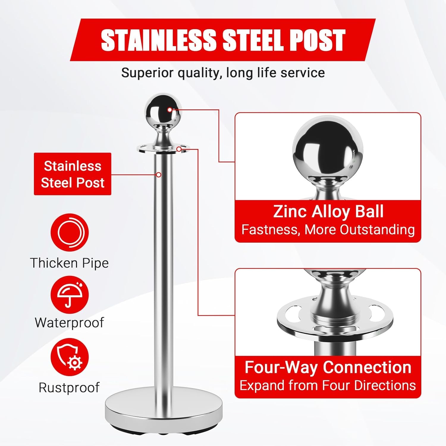 Stainless Steel Stanchion Post Queue 5FT VelvetCarpet Ropes Pole Crowd Control
