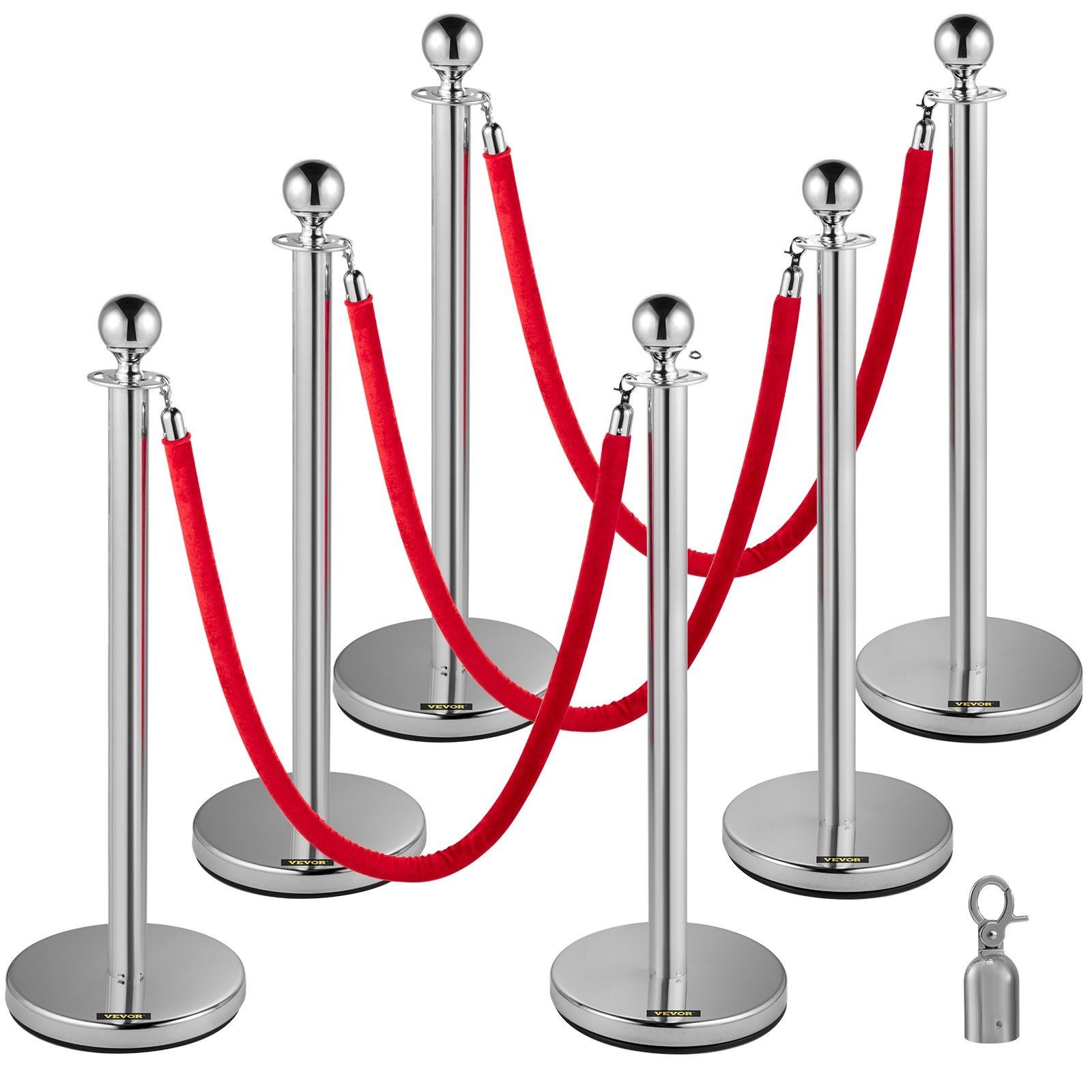 Stainless Steel Queue Posts 6PCS 37.4in w/ 5ft Red Flannel Rope