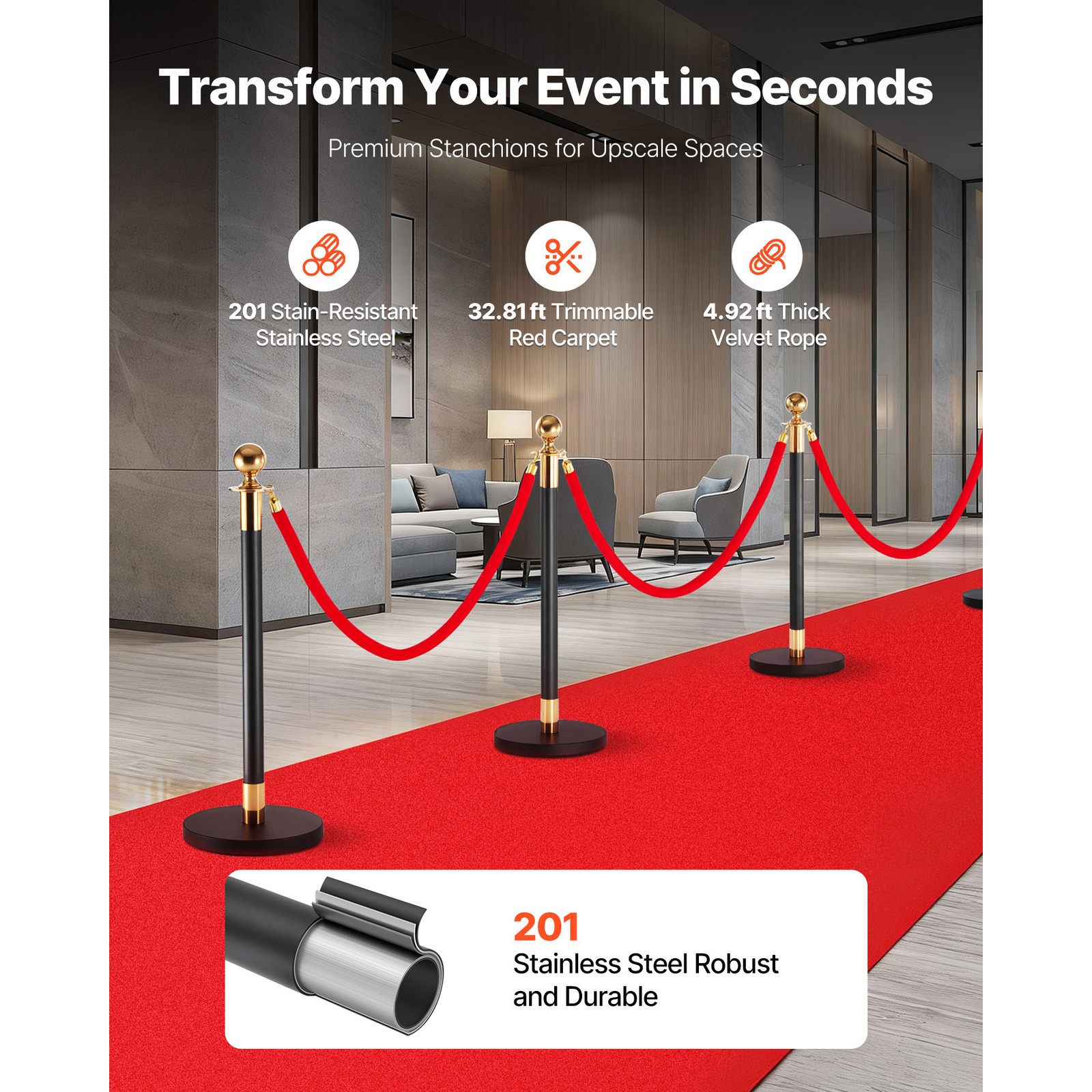 Uimoso 6-Piece Stanchion Set with Red Carpet & 4 Velvet Ropes,Hollow Base, Black