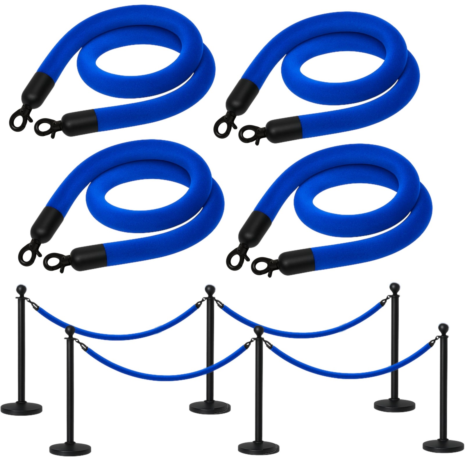 Blue Velvet Rope 5Ft Crowd Control Hanging Stanchion Barrier For Parties 4PC