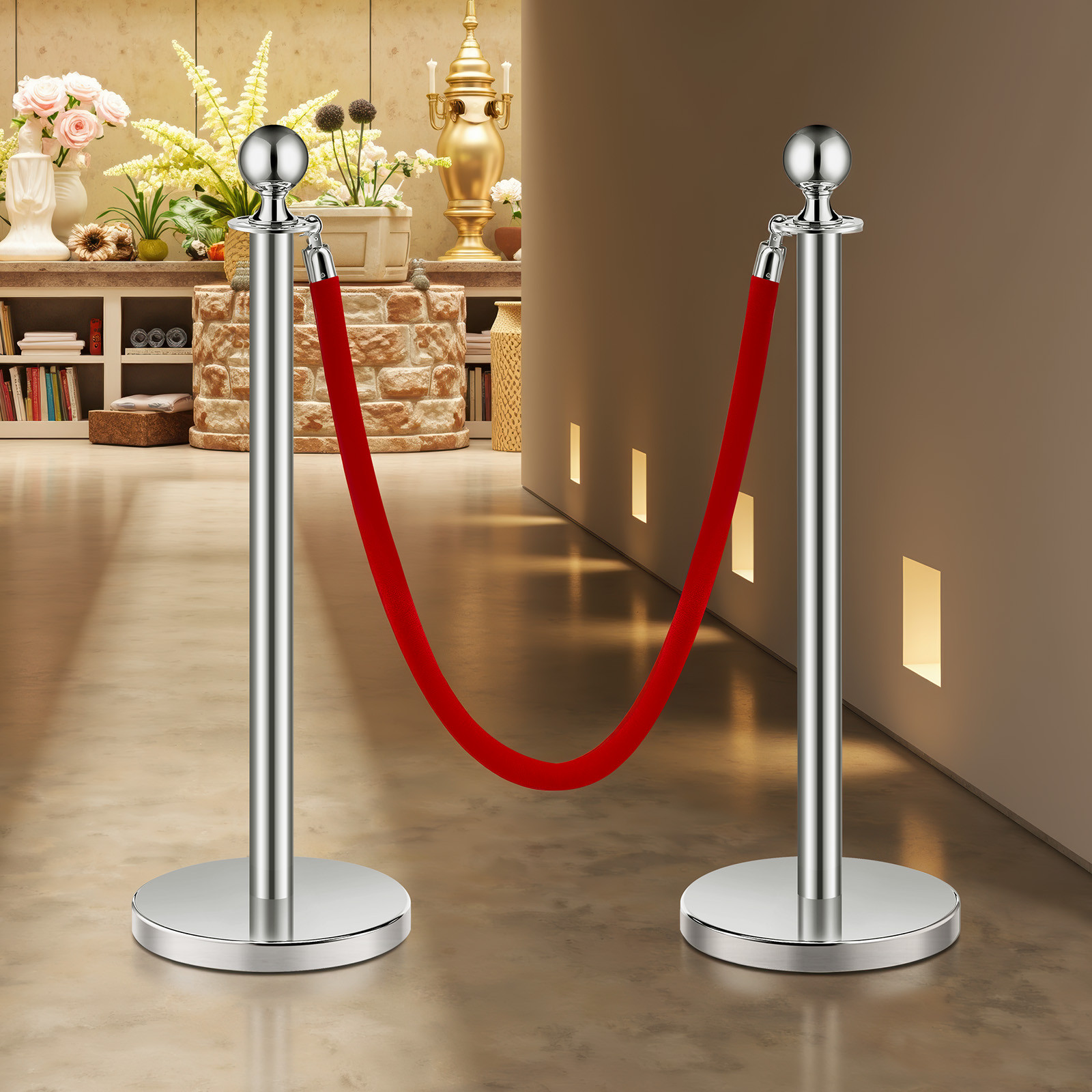 4 Pcs Silver Stanchion Post 2 Red Velvet Ropes Sand Injection Hollow Base