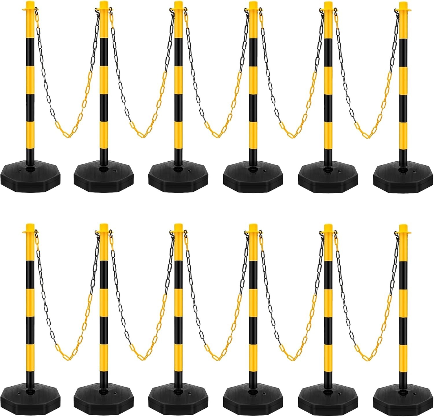 （Used）12Pack 34″Adjustable Delineator Post Cones Fillable Base6.6FT Chain