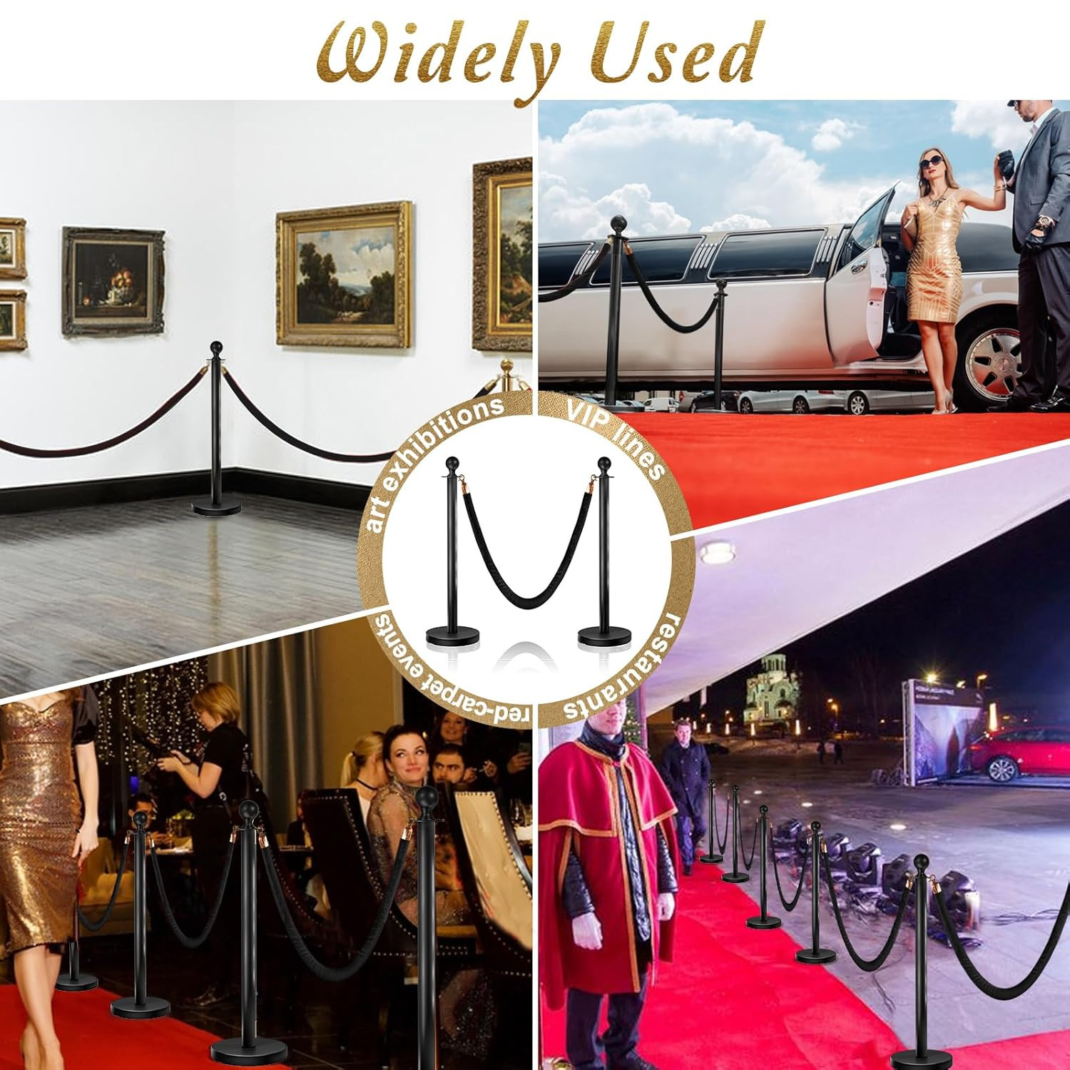 6PCS Black Stanchions Posts with 4PCS 5 Ft Black Velvet Rope, Black Velvet Rope