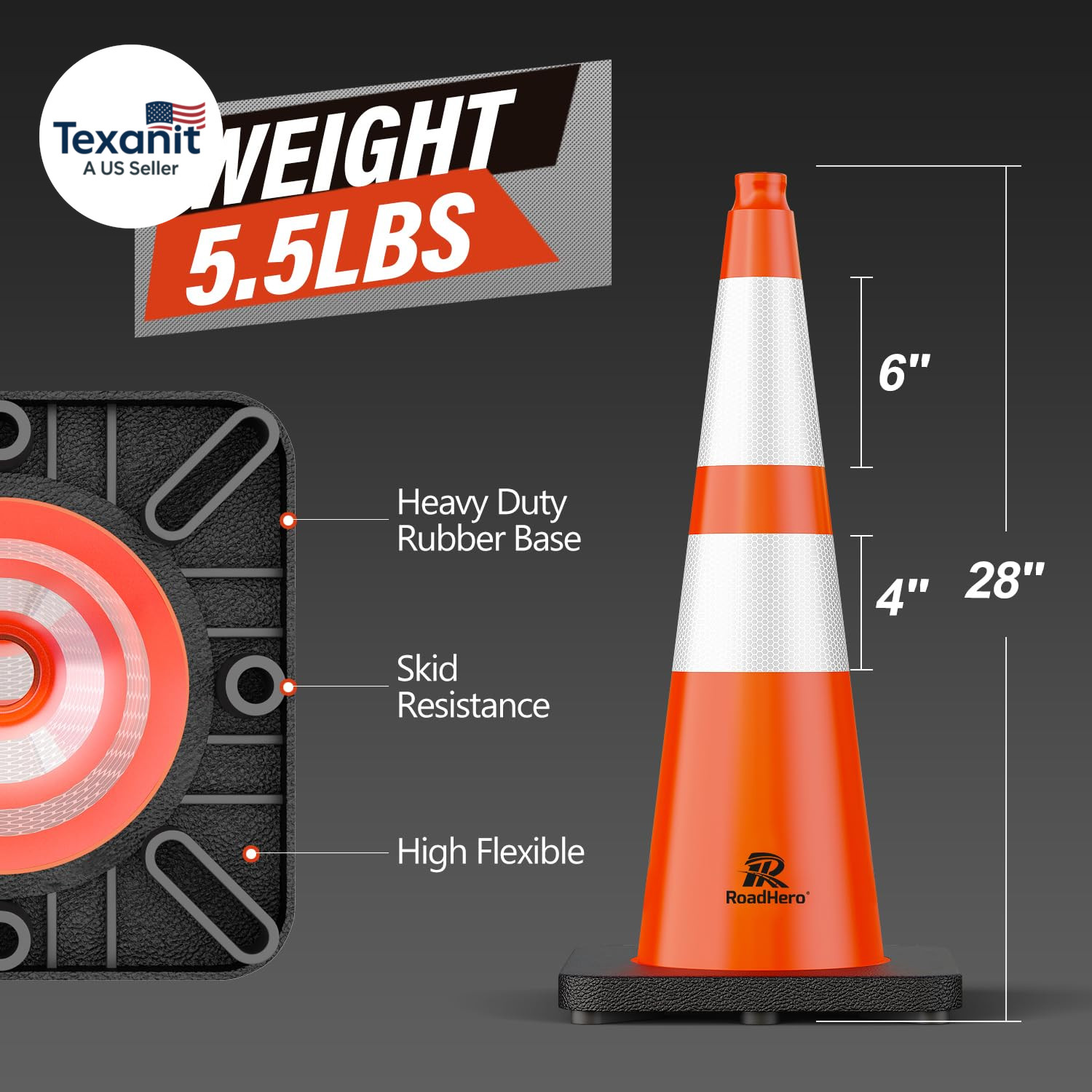 8 Pack 28 Inch 5.5 Lb Traffic Cones with Heavy Black Base, Orange Safety Cone wi