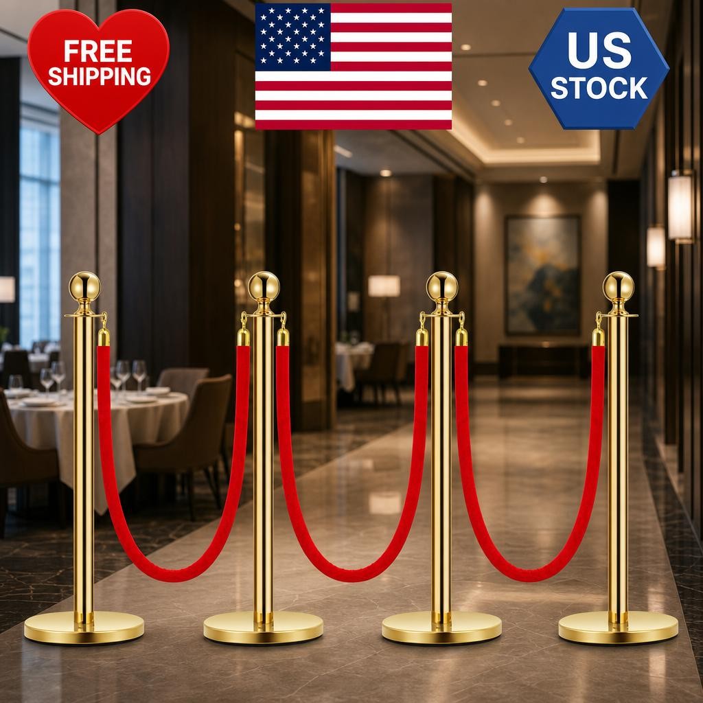 Crowd Control with Ropes, 4PCS Gold Stanchions and 3PCS Red Flannel Rop Barriers