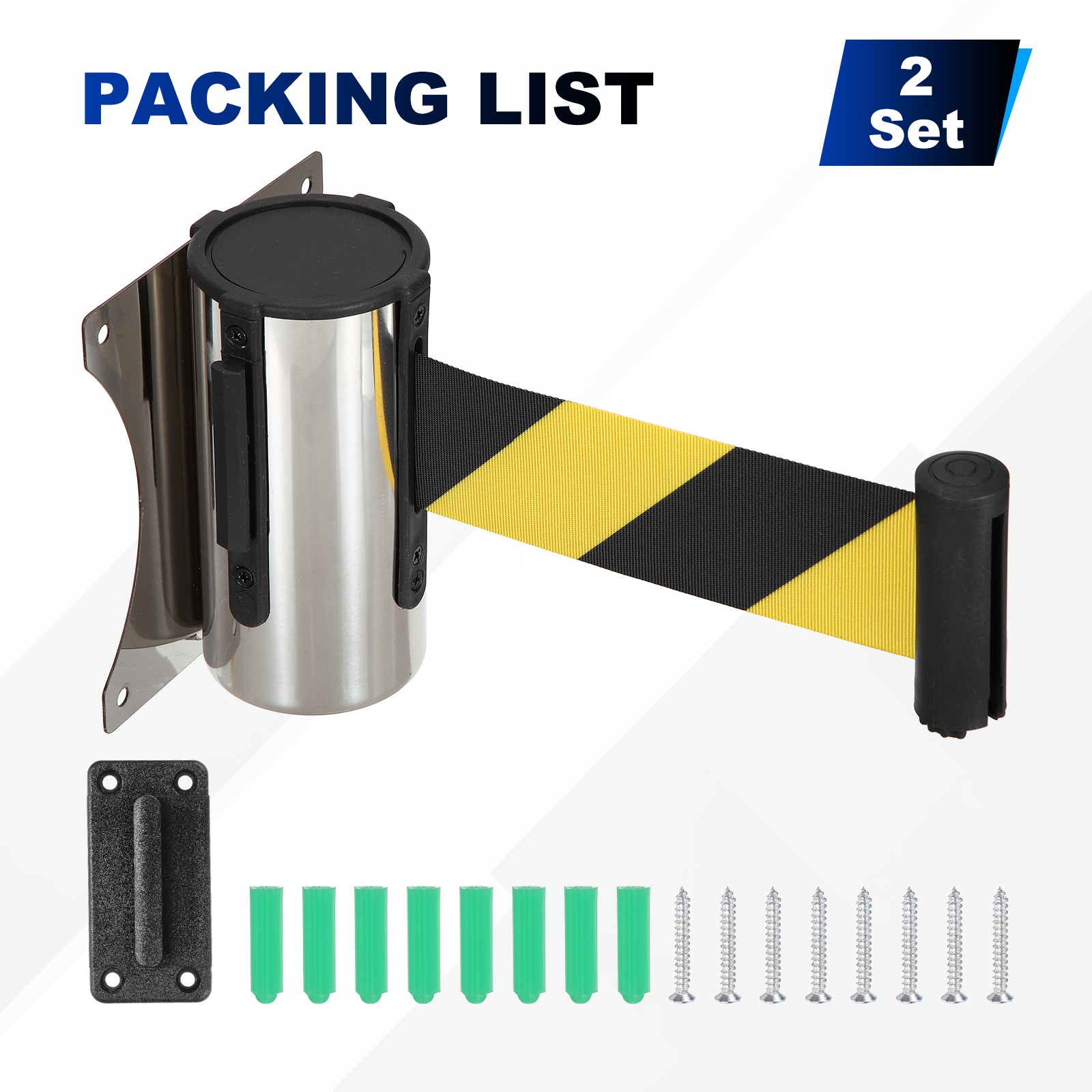 Fixed Wall Mount Retractable Belt Barrier (10 Feet, Black-Yellow) (2 Pcs)
