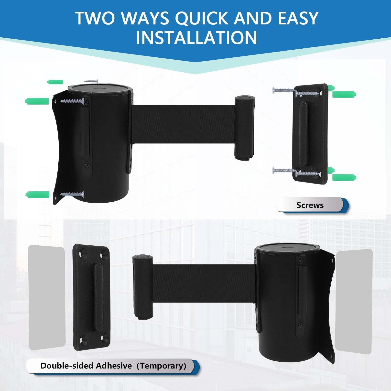 2 PCS Wall Mount Retractable Belt Barrier Steel Case 16 Ft Black Retail