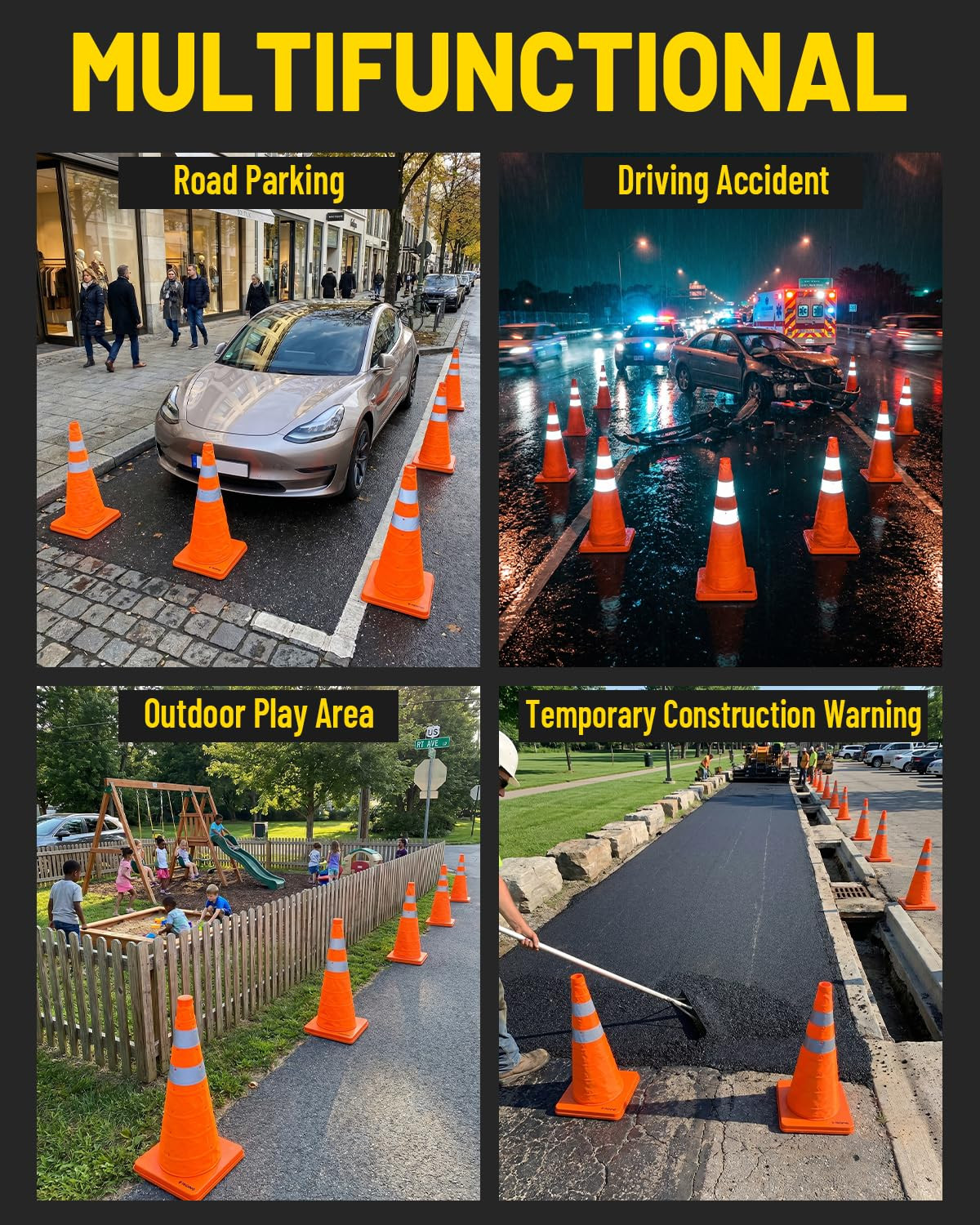 28 Inch 4 Pack Collapsible Traffic Cones, Pop-Up Orange Cones with 2 Reflective