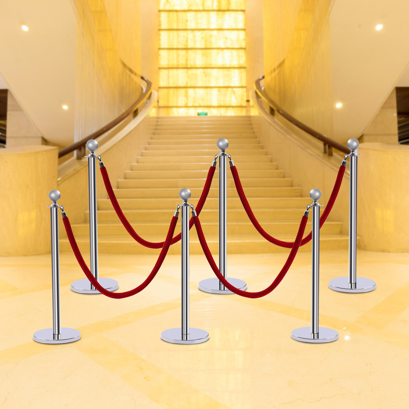 Silver 6Pcs Stanchion Posts with 4 Velvet Ropes Crowd Control Queue Pole Barrier