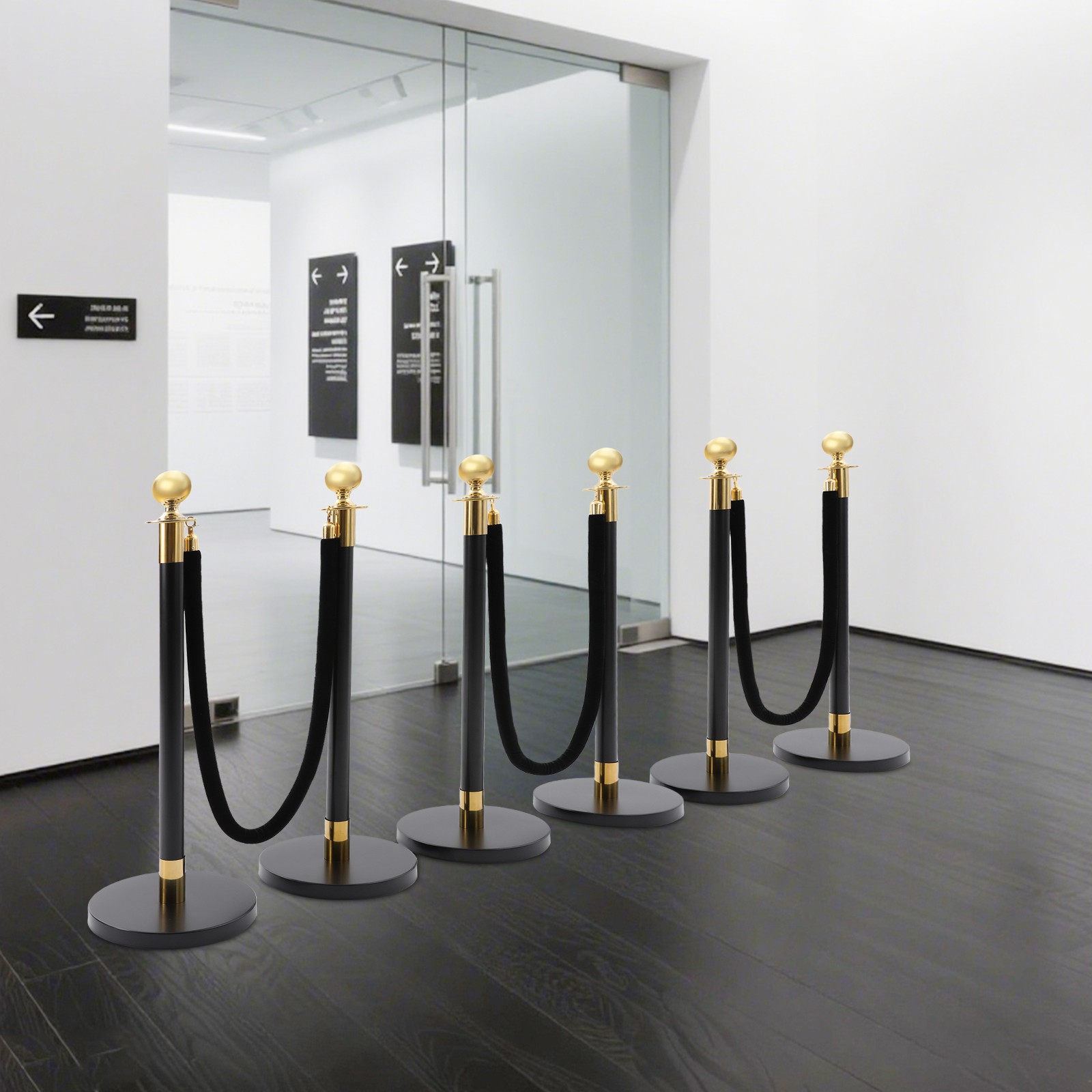 6PCS Black+Gold Stanchion Posts Queue Pole w/ 4 1.5M Ropes Crowd Control Barrier
