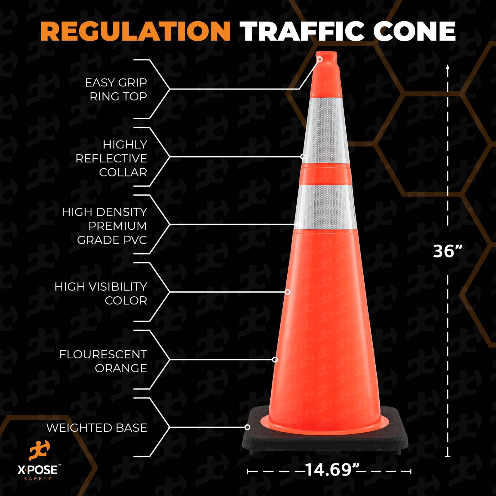 36 Inch Orange Traffic Cones with 6″ & 4″ Collars – PVC Plastic Safety Cone