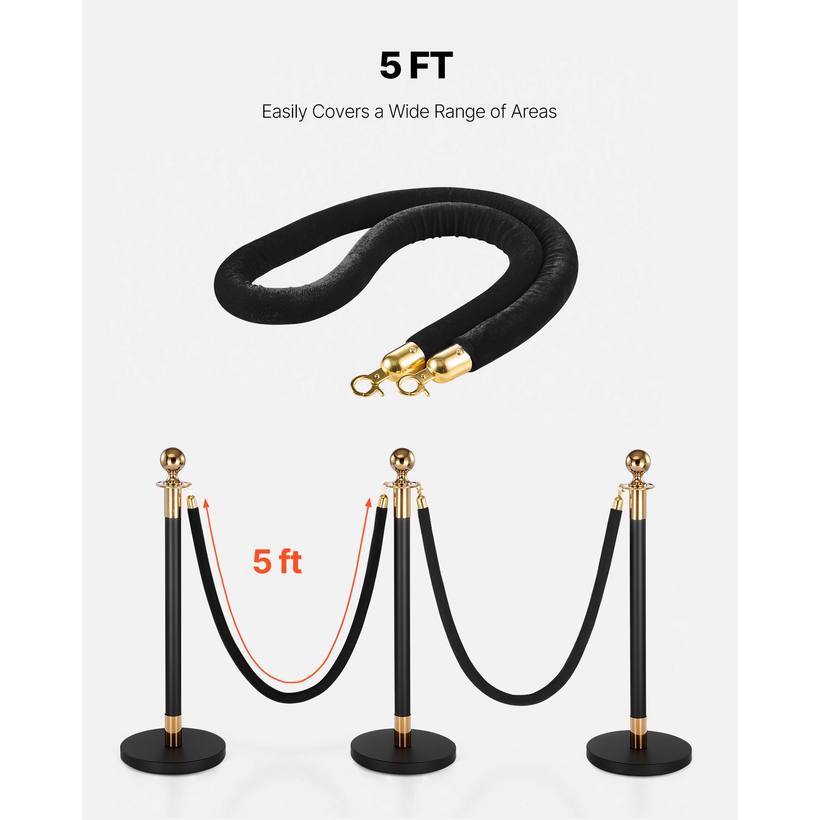 Uimoso 4 Pcs Black Velvet Barrier Ropes 5 ft with Gold Hooks for Stanchion Posts