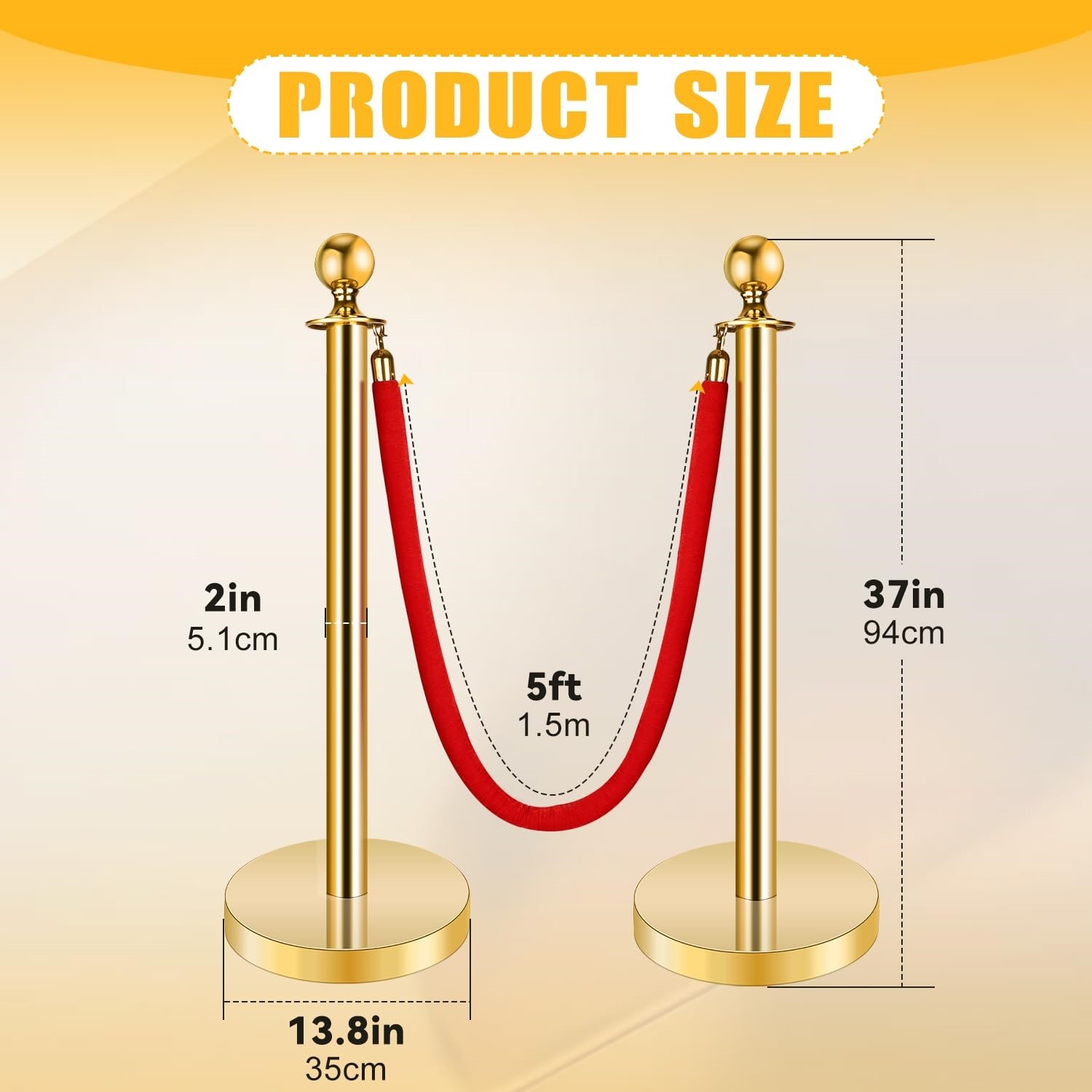 6 Pack Stainless Steel Hollow Base Stanchion Post w/ 5ft Velvet Ropes Gold