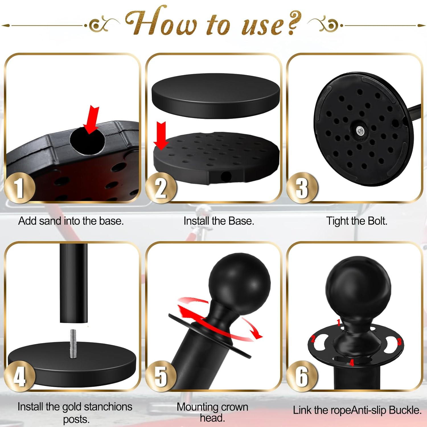 6PCS Black Stanchions Posts with 4PCS 5 Ft Black Velvet Rope, Black Velvet Rope