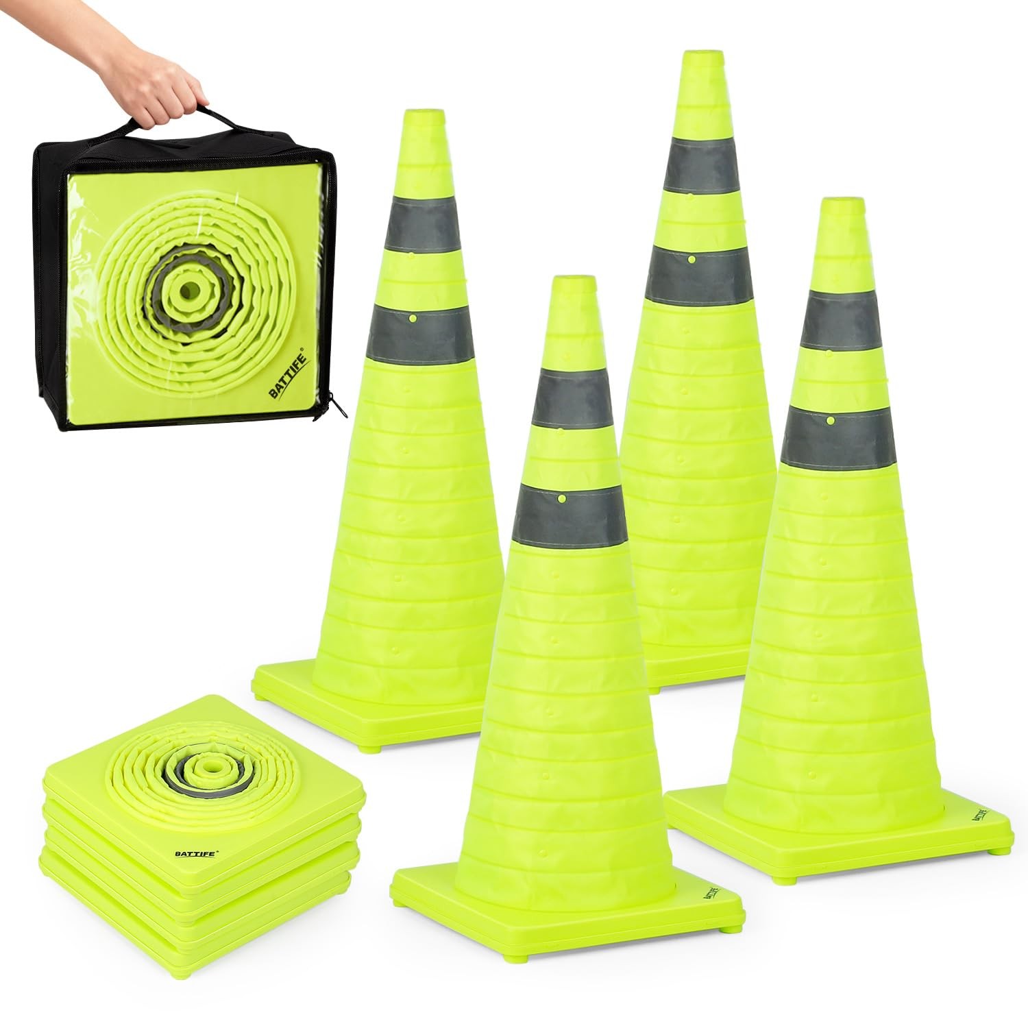BATTIFE [4 Pack] 28 Inch Collapsible Traffic Cones, Lime Green Safety Cones, …