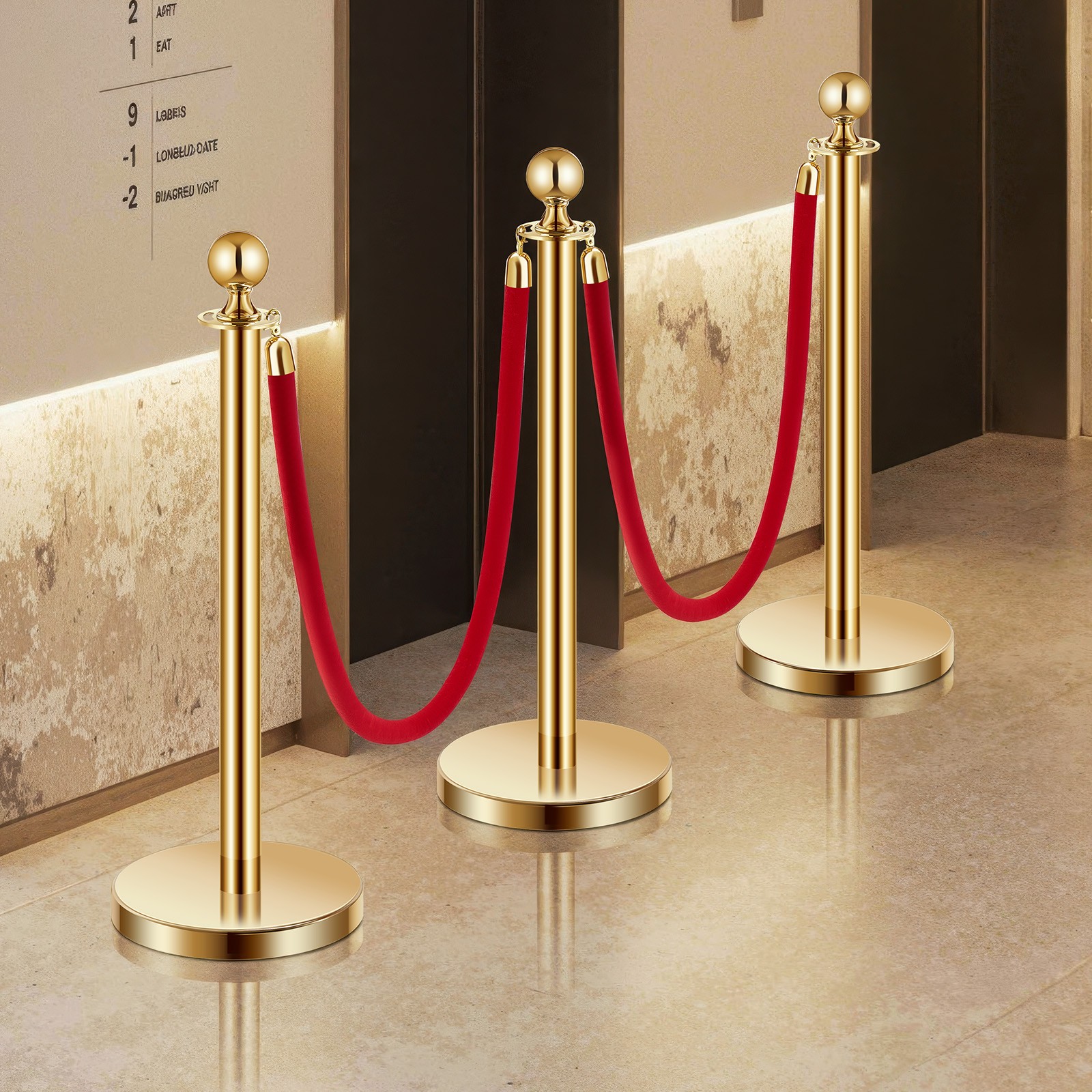 Uimoso 6 Pcs Gold Stanchion Post 4 Red Velvet Ropes Sand Injection Hollow Base