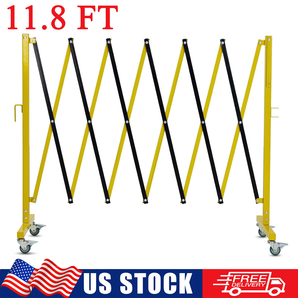 11.8FT Expandable Steel Barricade Safety Barrier Gate Traffic Fence with Casters