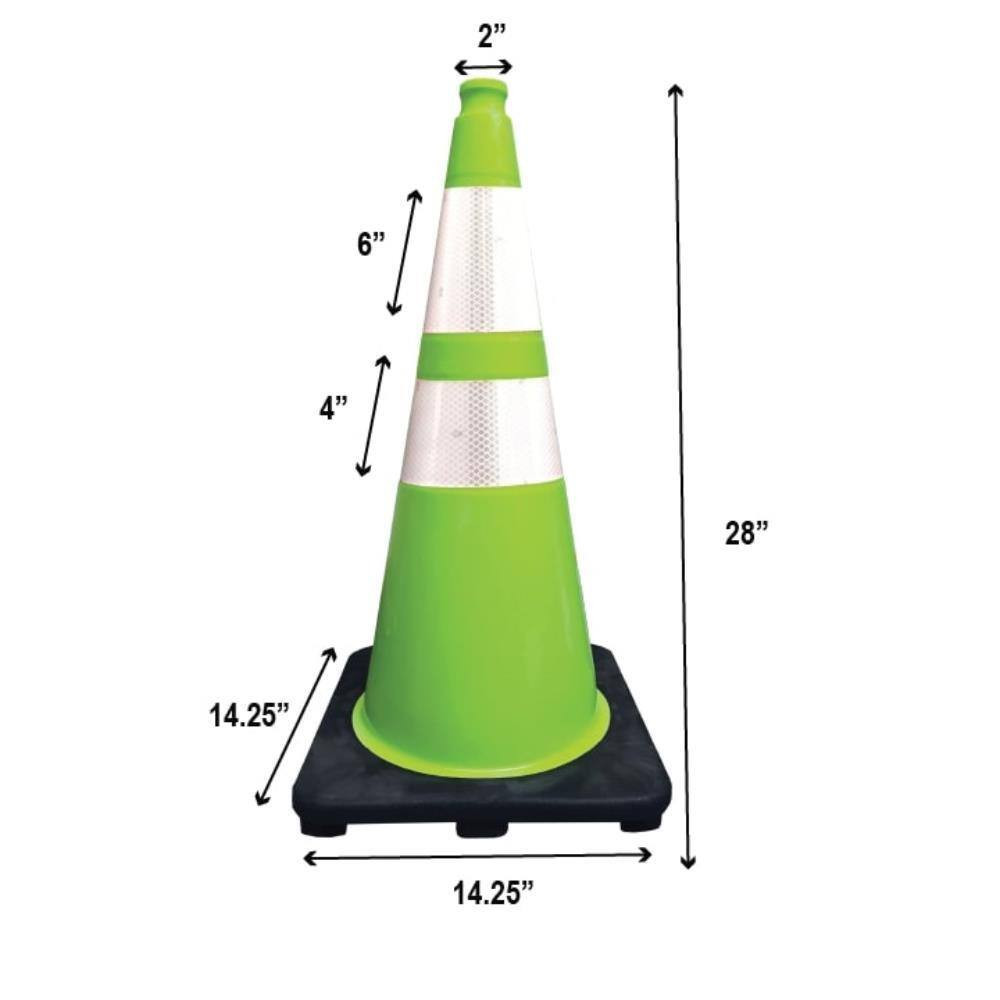 28 In. Lime Green Traffic Cone with Black Base and 4 In. and 6 In. Reflective Co