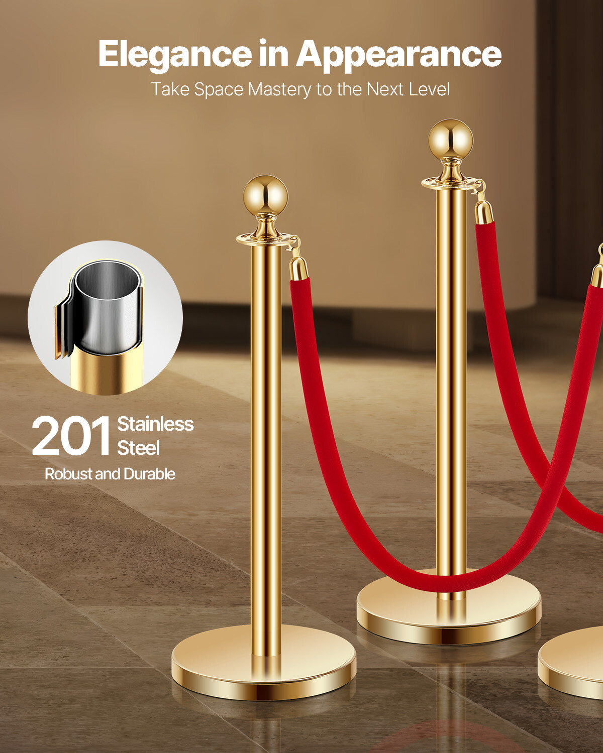 8 Pcs Gold Stanchion Post 6 Red Velvet Ropes Sand Injection Hollow Base