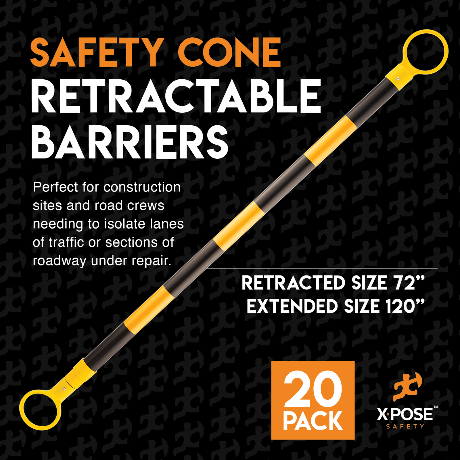 Orange and White Retractable Barrier for Traffic Cones – 2″ OD – 72-120″ 20 Pack