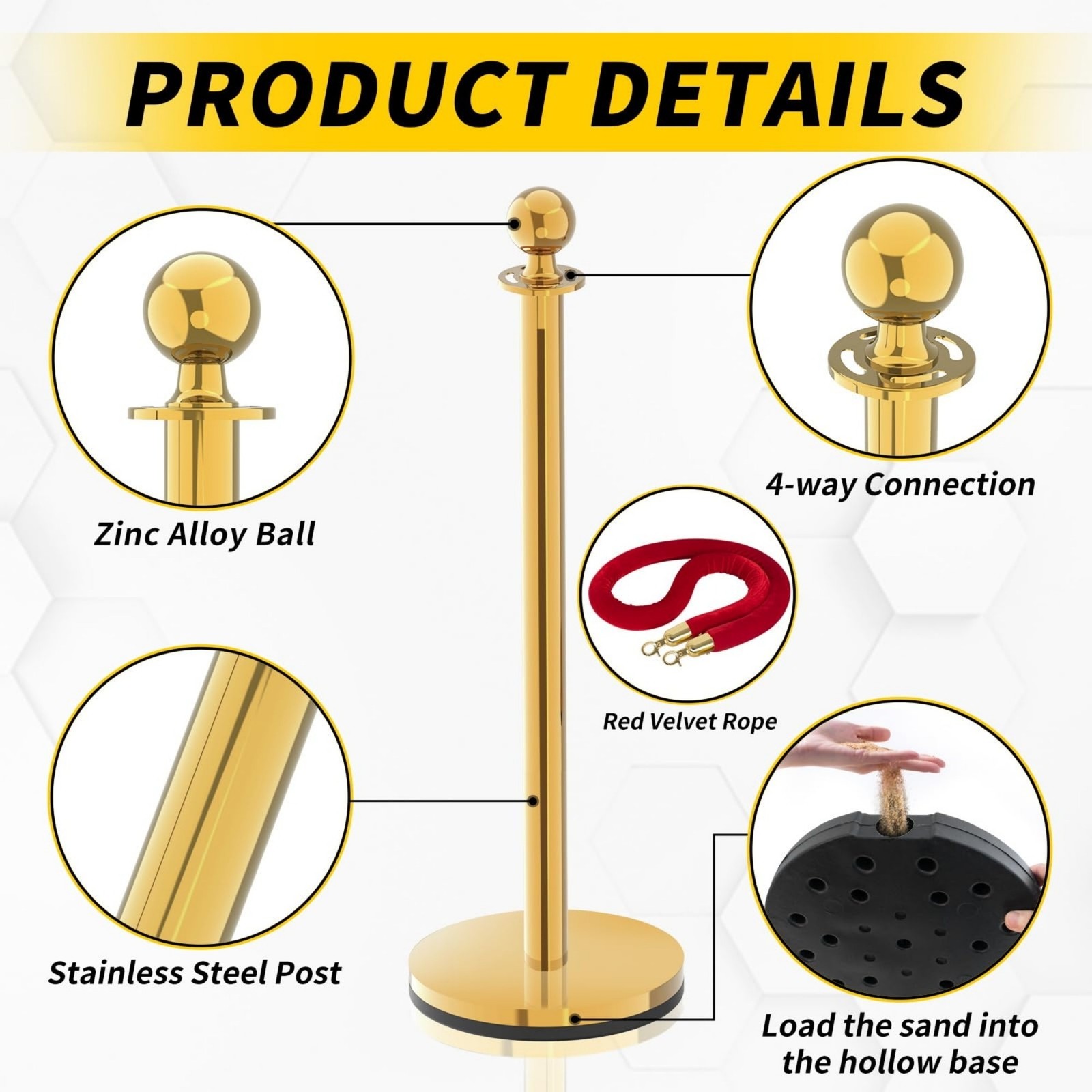 8 PCS gold stanchions and red velvet ropes,6 Red Velvet Ropes and Posts
