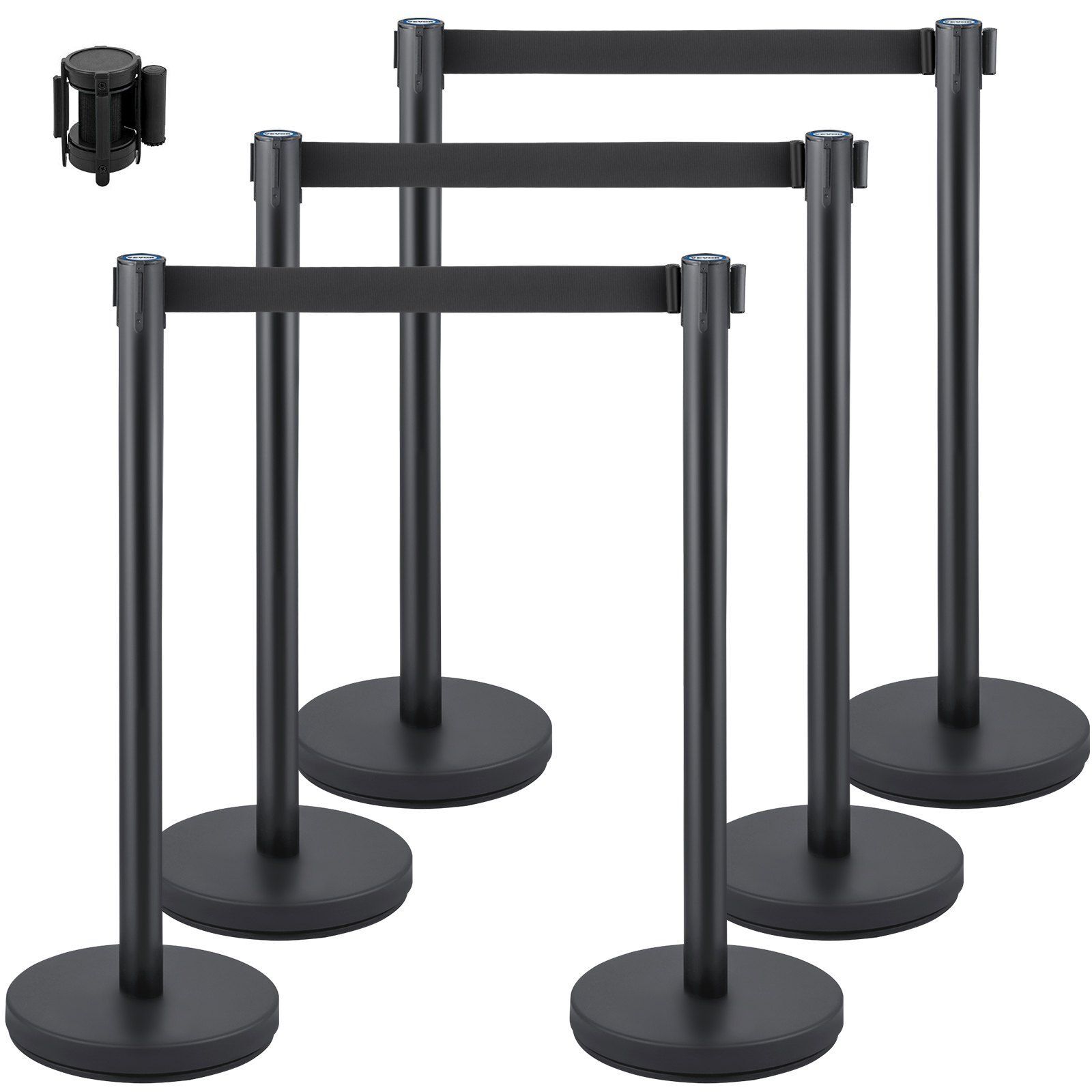 6pc Crowd Control Stanchion Black Crowd Control Barrier w/6.6ft Retractable Belt