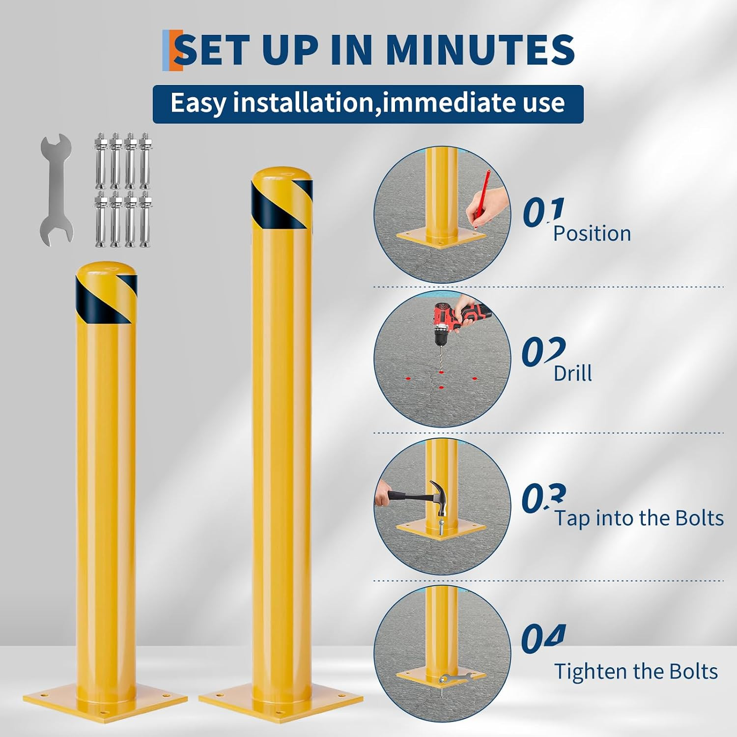 Heavy Duty 36″ Steel Safety Bollard Post – 6 Pack with Reflective Yellow Finish