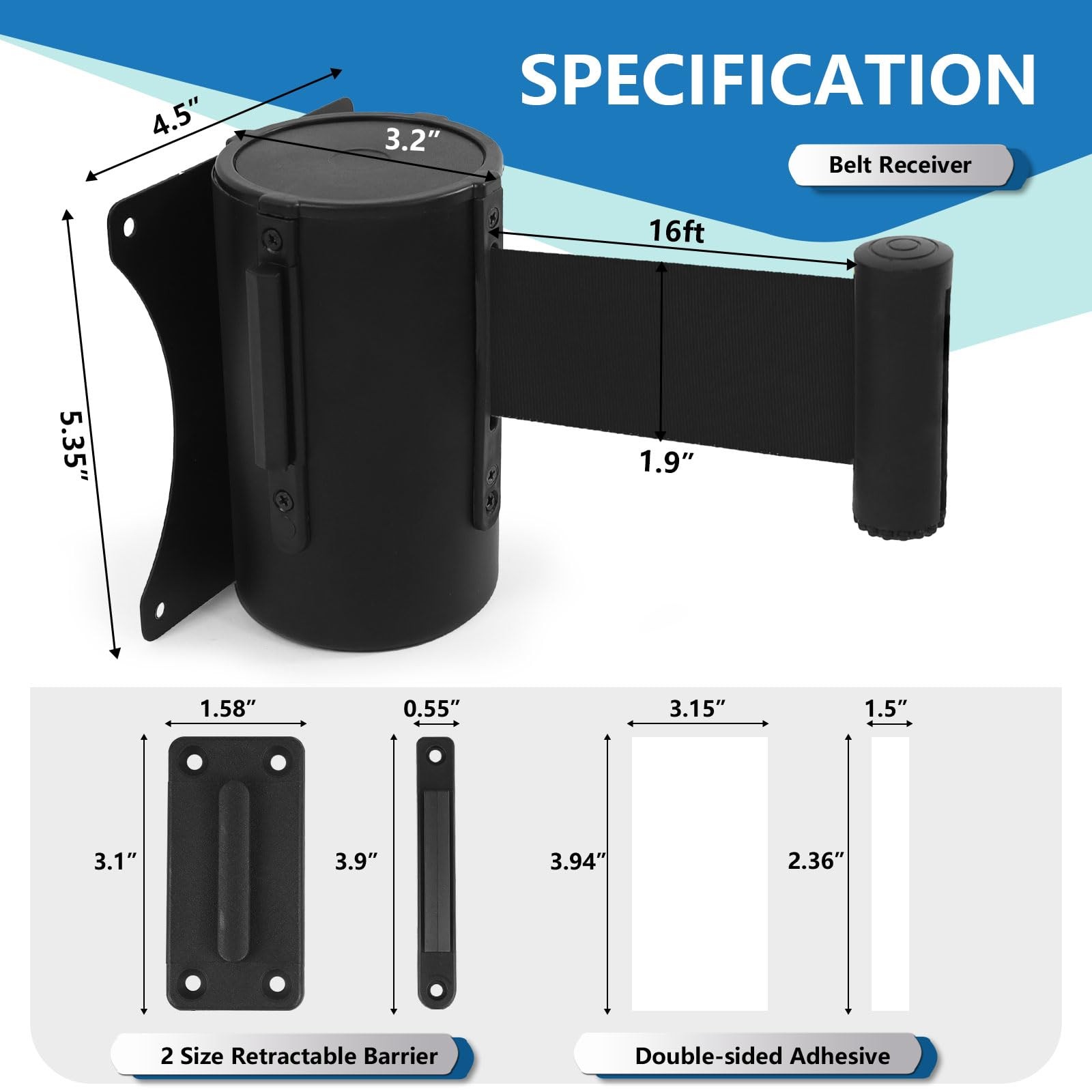2 PCS Wall Mount Retractable Belt Barrier Steel Case 16 Ft Black Retail