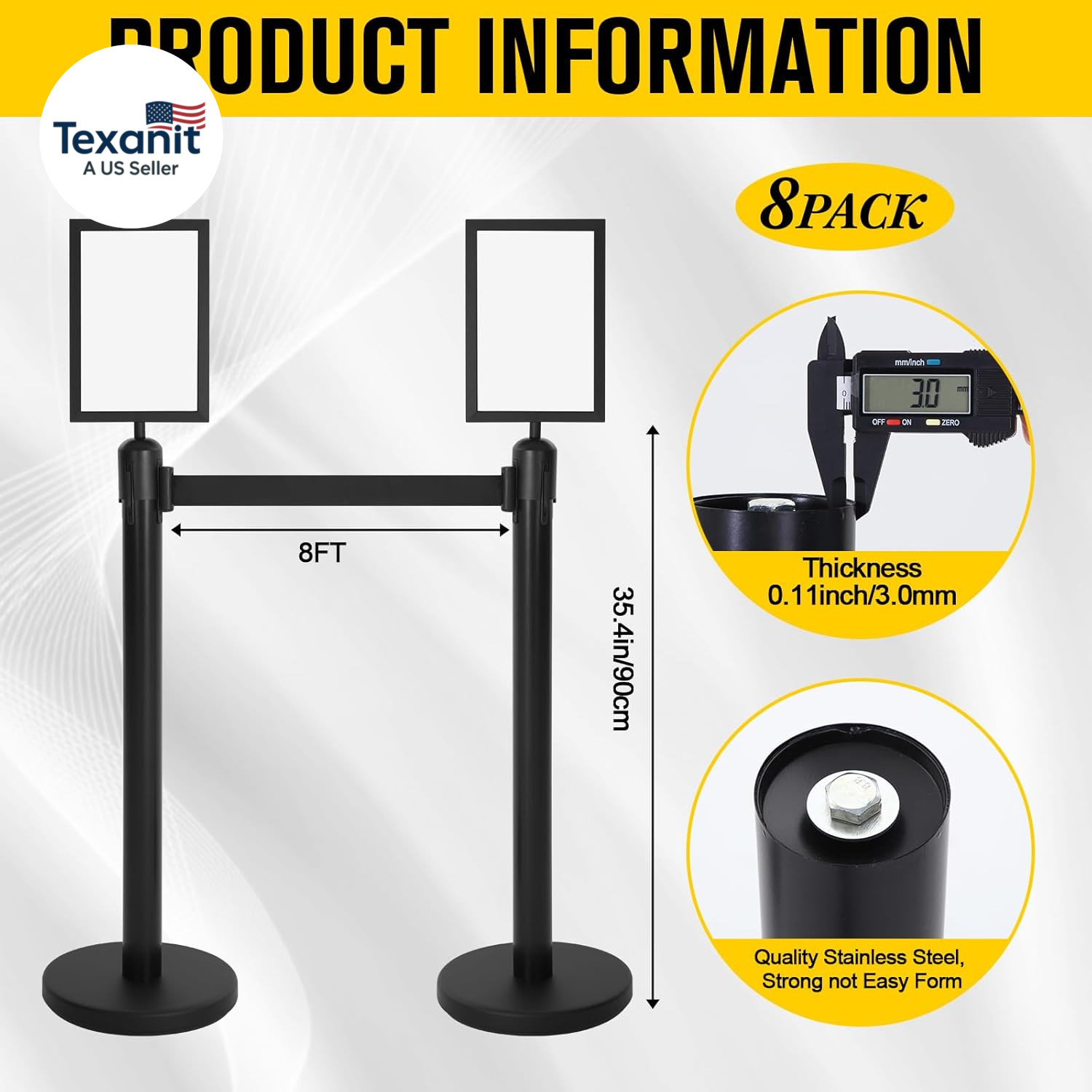 8 Pcs Stanchions with 8.2 Ft Retractable Belt Black Crowd Control Stanchions Set