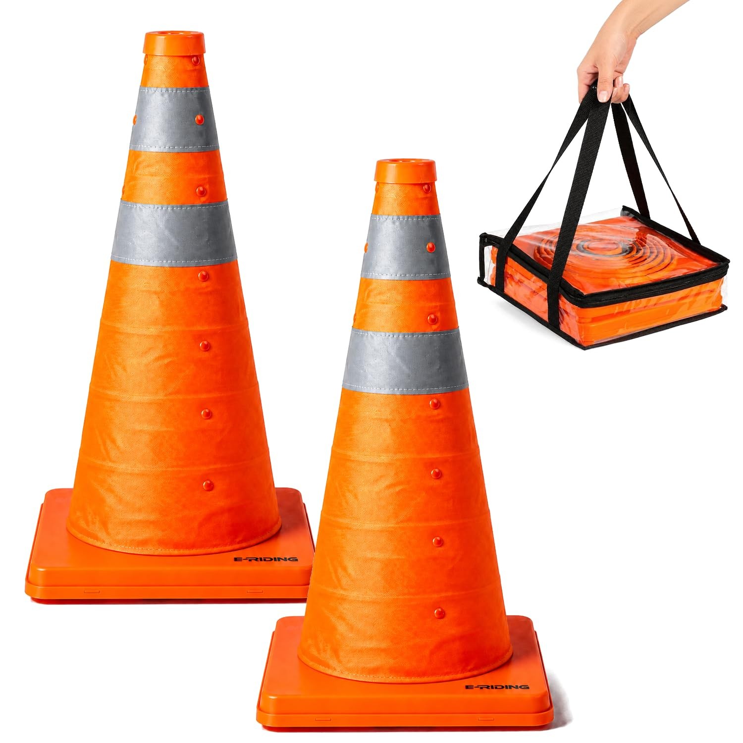 E-riding 18 Inch 2 Pack Collapsible Traffic Cones, Pop-up Orange Cones with 2…
