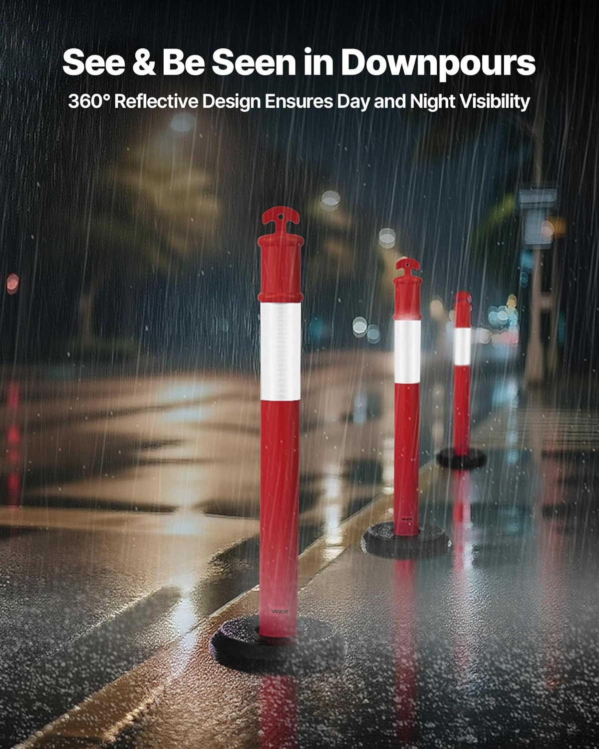 9 Pack 45″ Heavy Duty Traffic Delineator Posts with Reflective Strips – Red