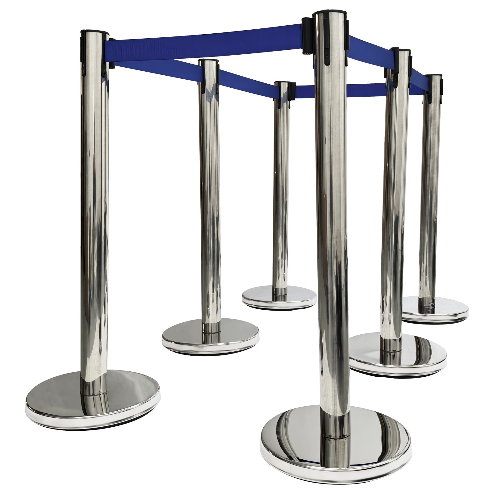 6 PCS Stainless Steel Stanchions with Blue Belts Posts Covers and Bases Blue Ret