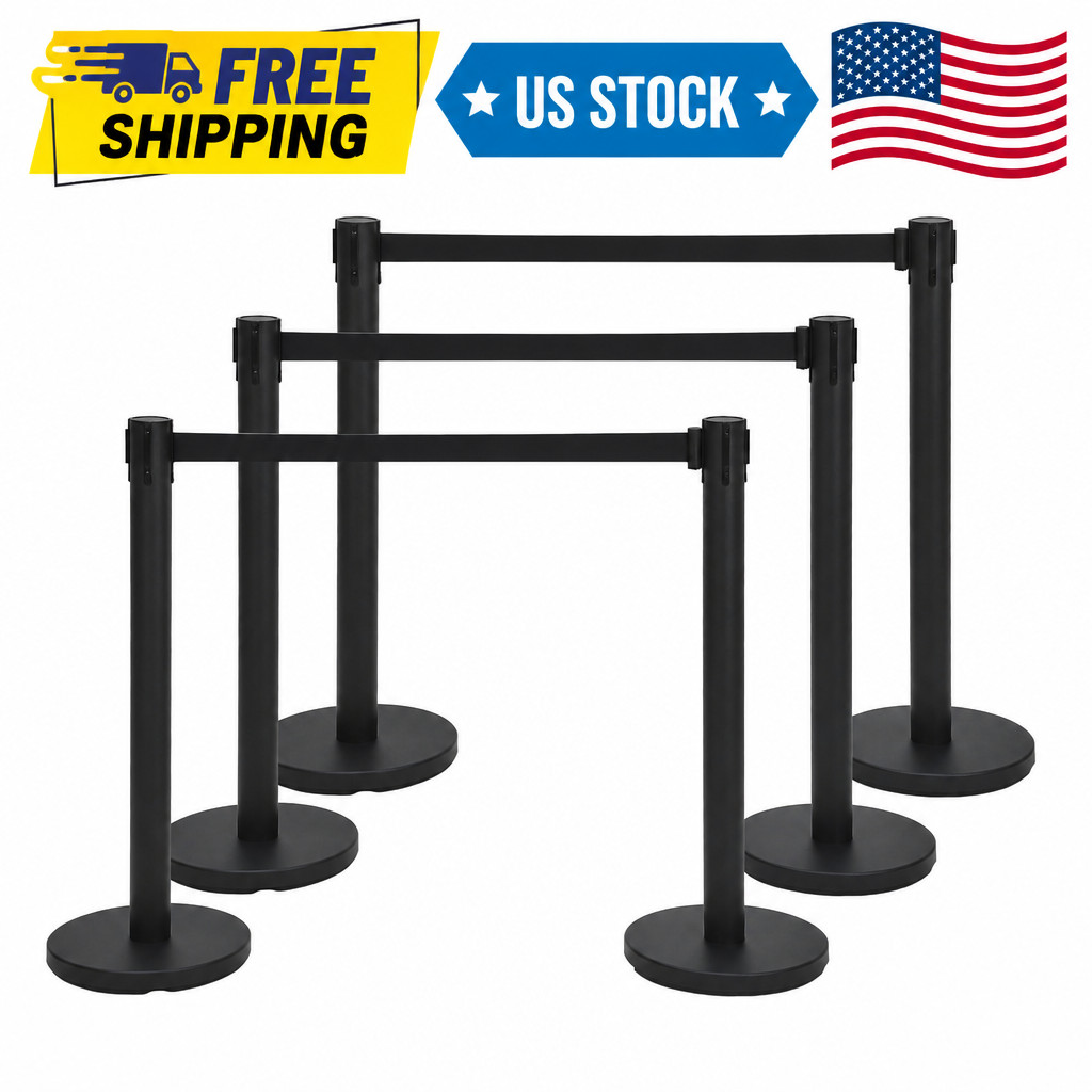 Crowd Control Stanchion Set, 6 Pack Black Stanchions with 6.6Ft Sturdy Retractab