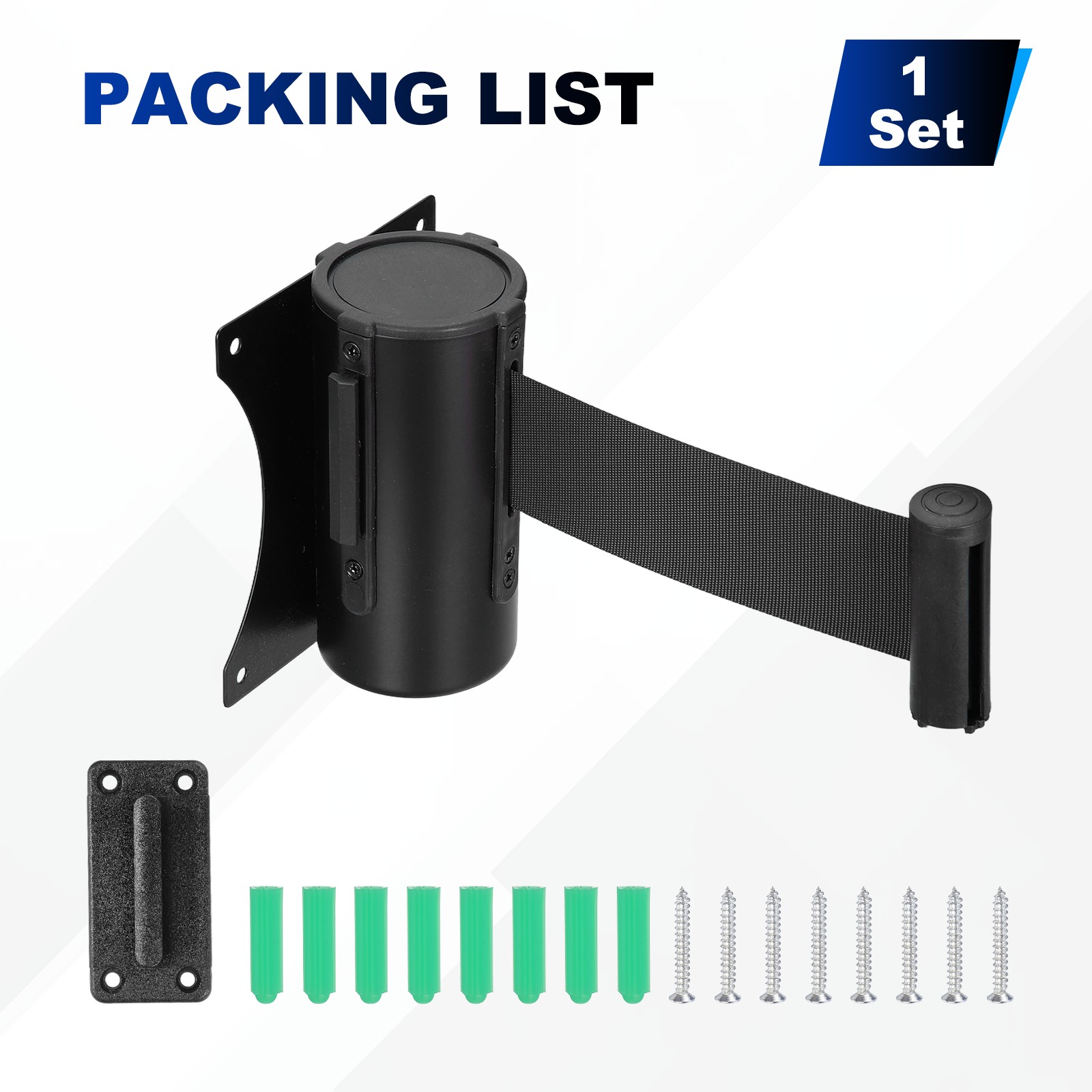 Fixed Wall Mount Retractable Belt Barriers (10 Feet, Black) (1 Pcs)