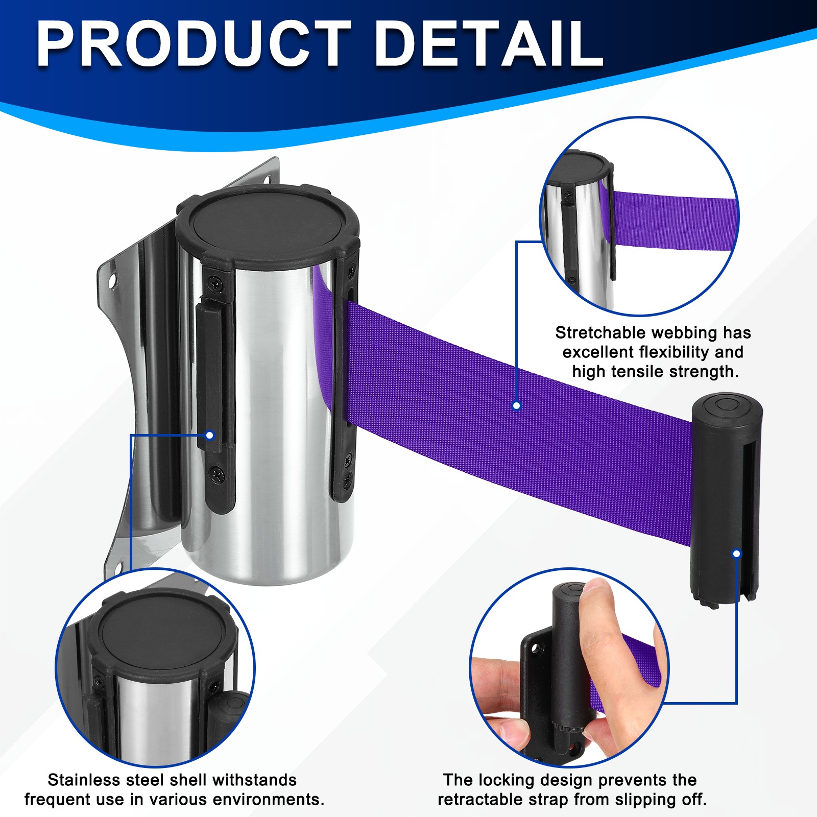 Fixed Wall Mount Retractable Belt Barrier (10 Feet, Purple) (1 Pcs)