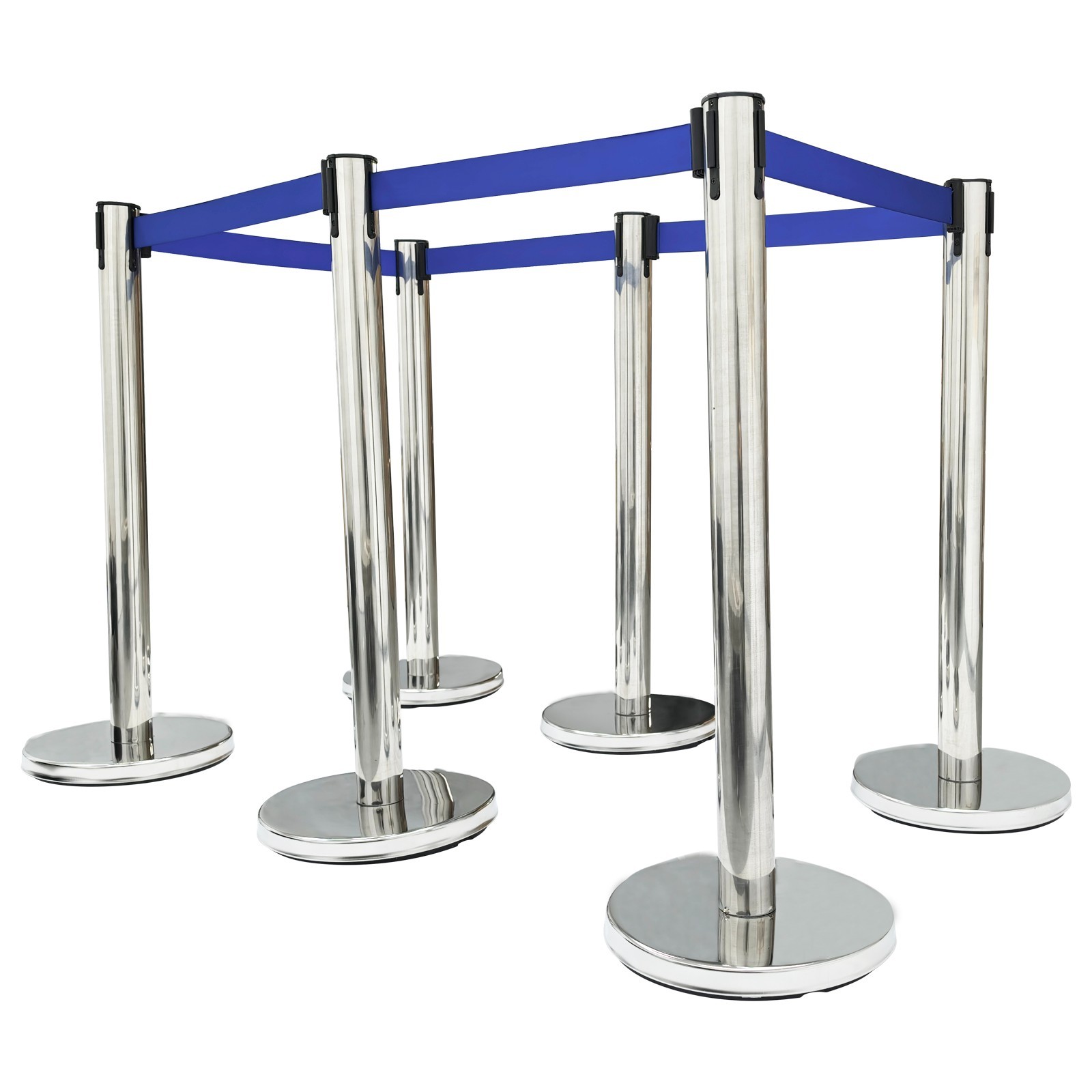 6 PCS Stainless Steel Stanchions with Blue Belts Posts Covers and Bases Blue Ret
