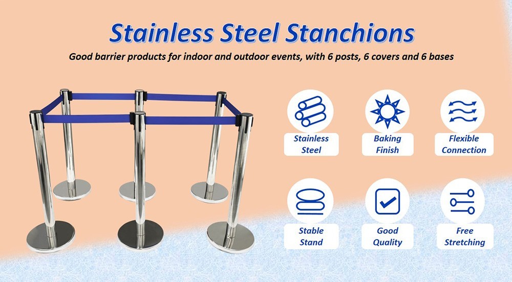6 PCS Stainless Steel Stanchions with Blue Belts Posts Covers and Bases Blue Ret