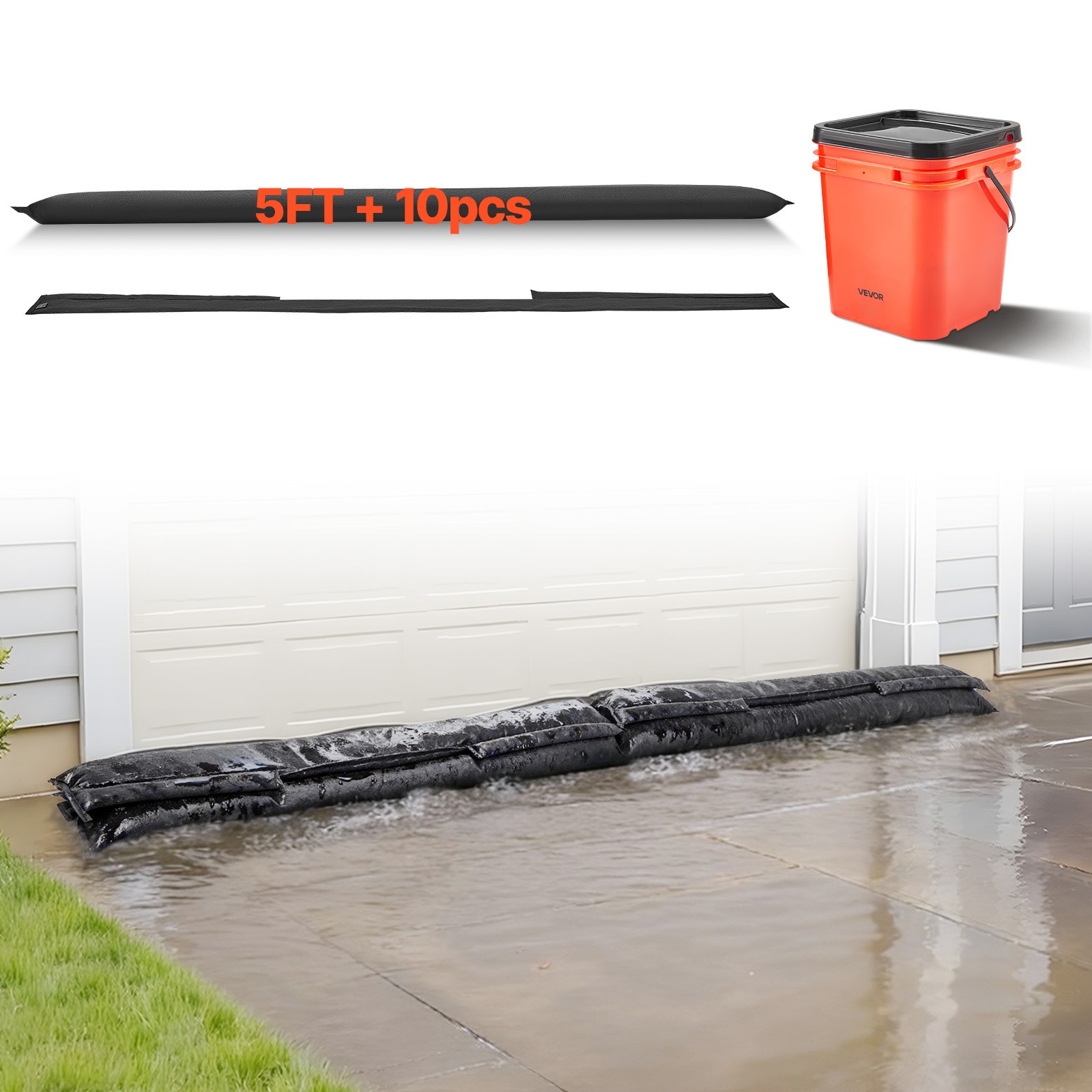 VEVOR Flood Barrier 5 x 0.7 ft Reusable Flood Bags Activated by Water 10 Pack