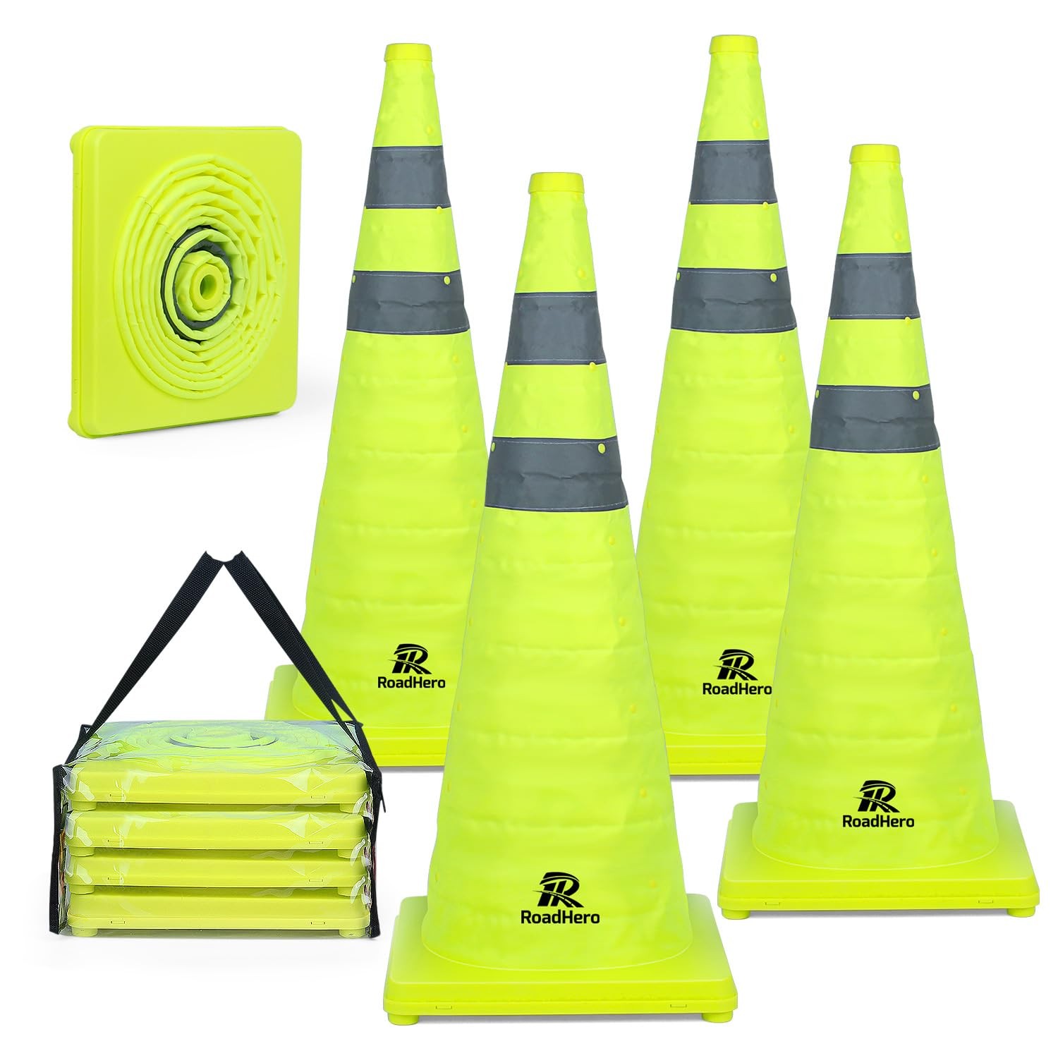 28 Inch 4 Pack Collapsible Traffic Safety Cones, Lime Green Pop-up Cones with…