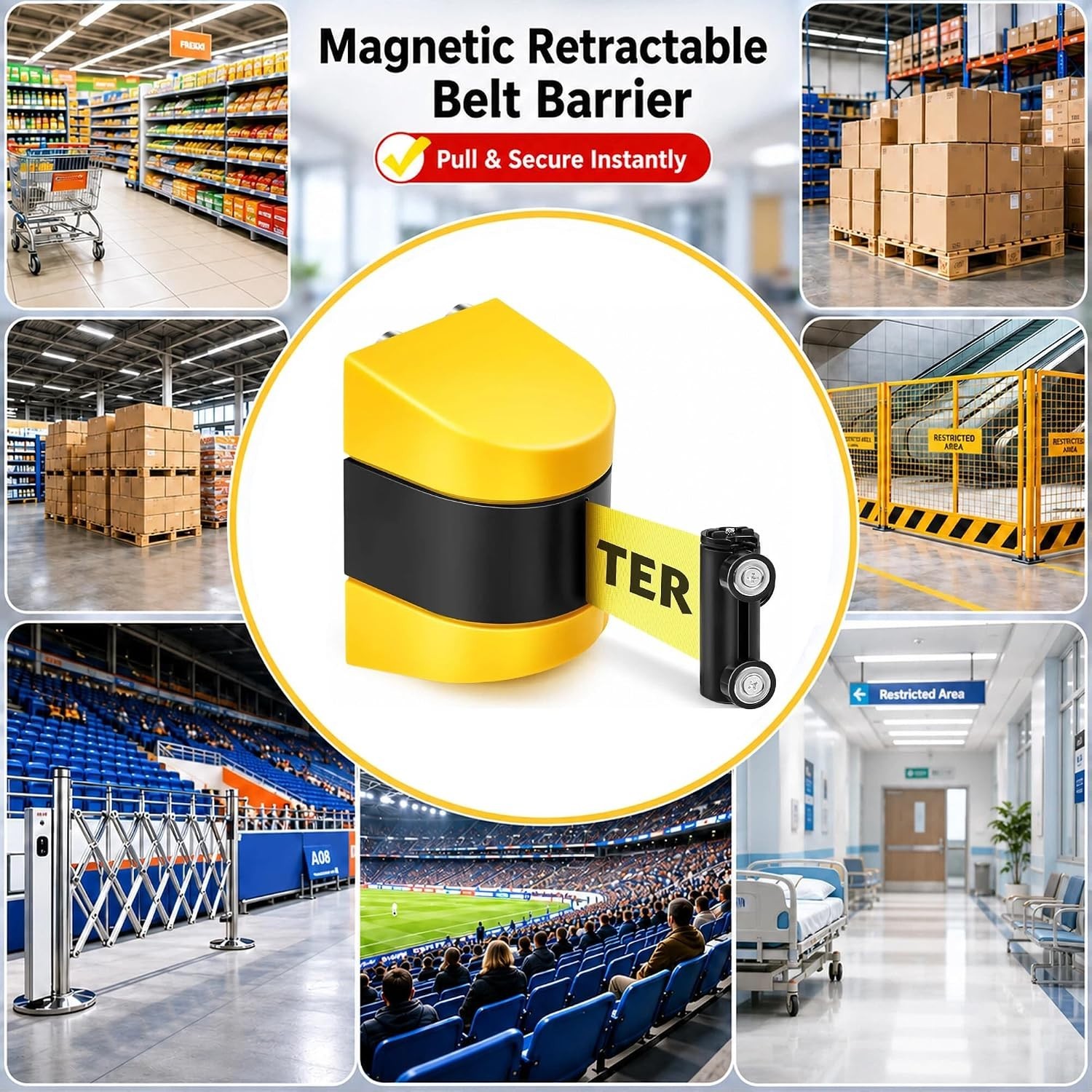 Magnetic Wall Mount Retractable Barrier 4 Pack, Fixed Crowd Control Caution Belt