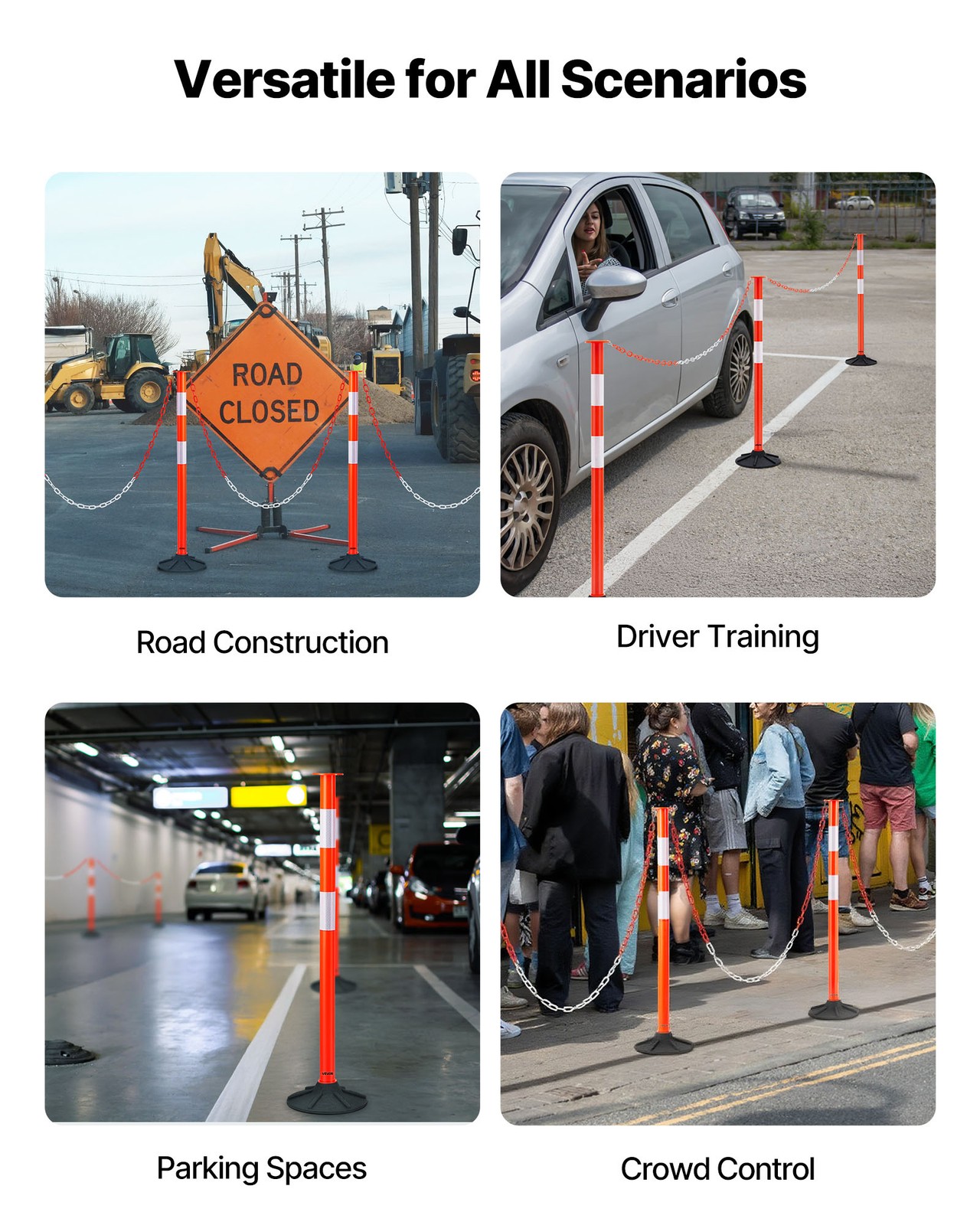 VEVOR 3 Packs Traffic Delineator Posts 34 in Safety Cones Weighted Base & Chains